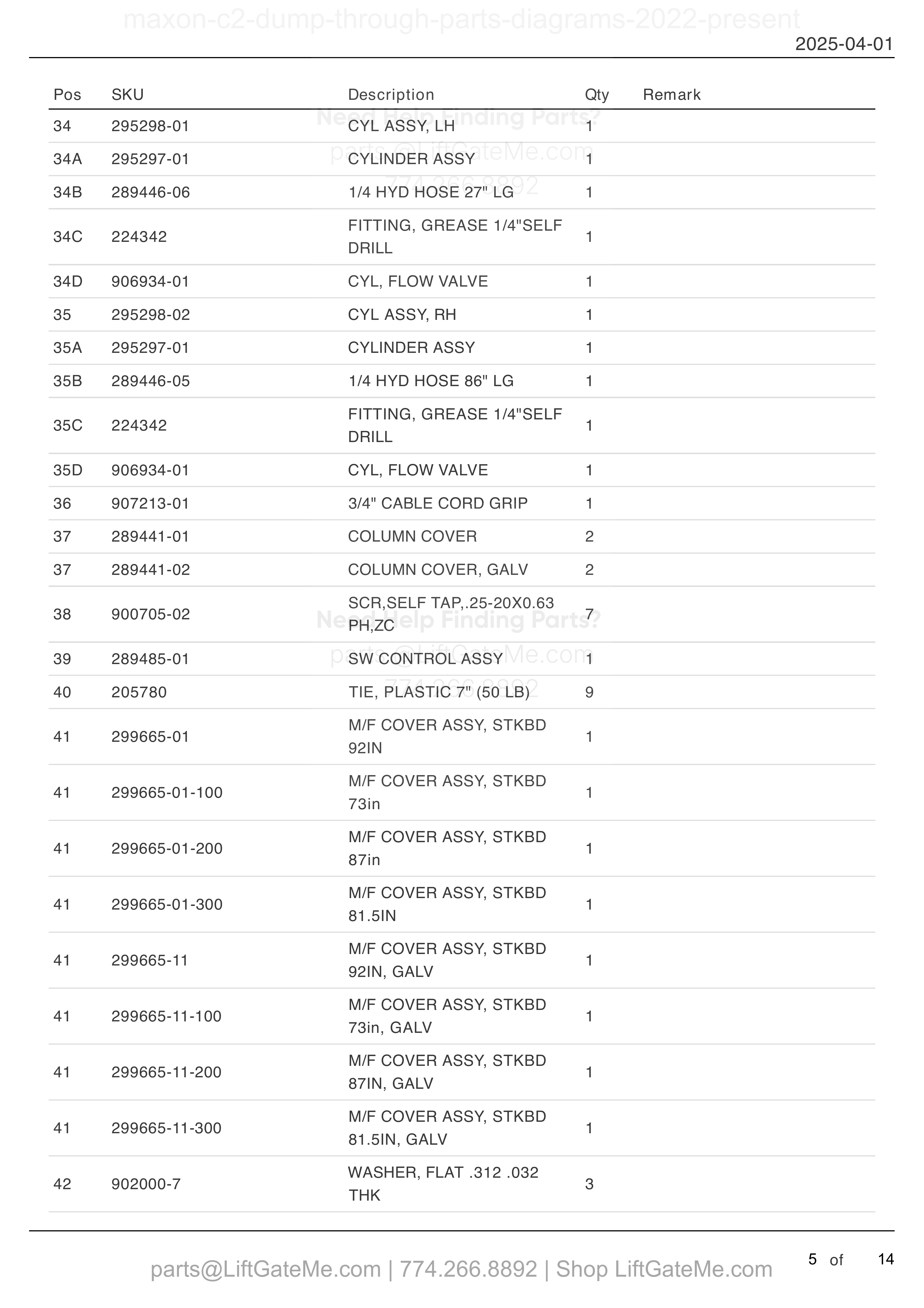 C2 DUMP THROUGH - FINAL ASSEMBLY (continued) parts table