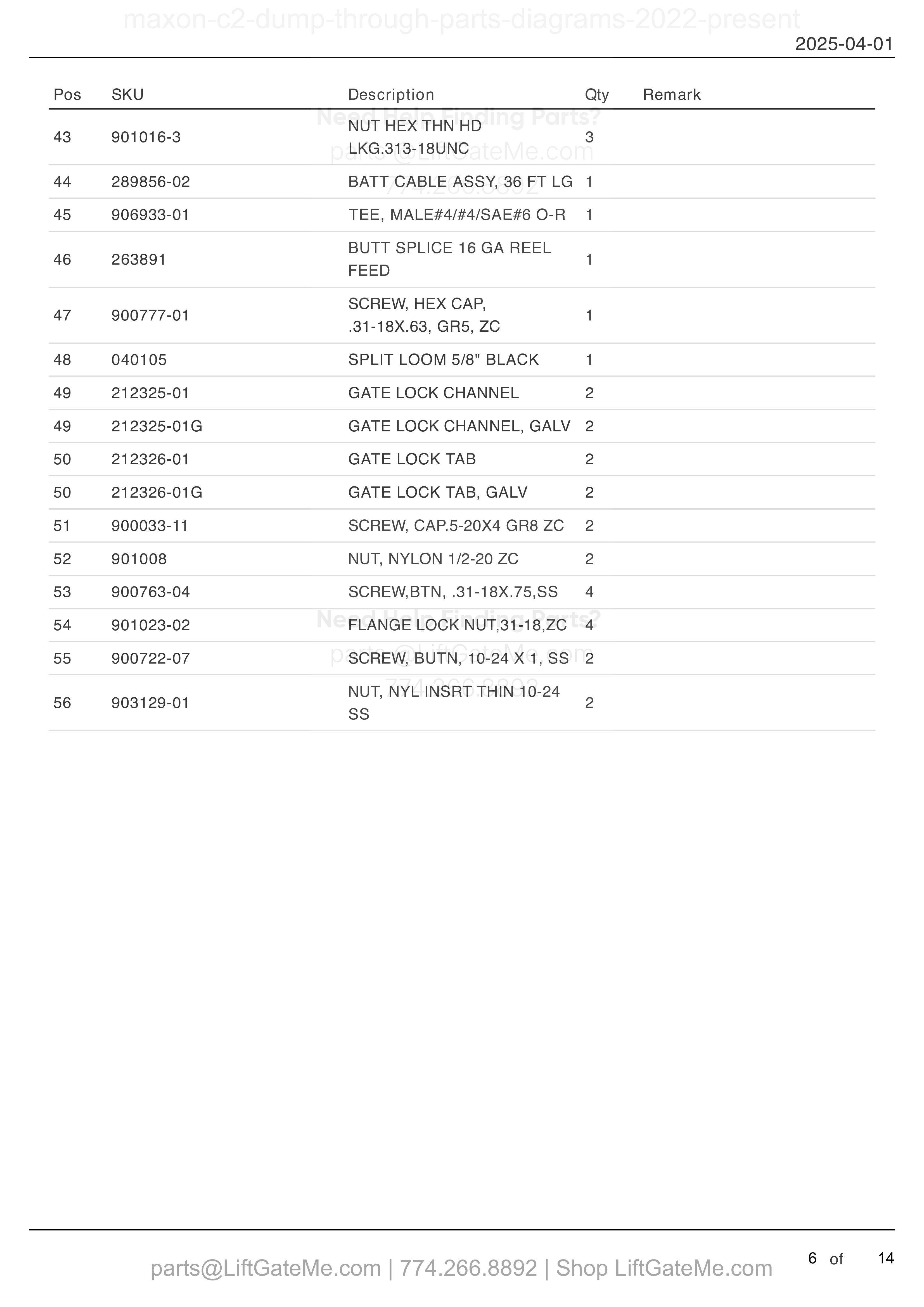C2 DUMP THROUGH - FINAL ASSEMBLY (continued) parts table