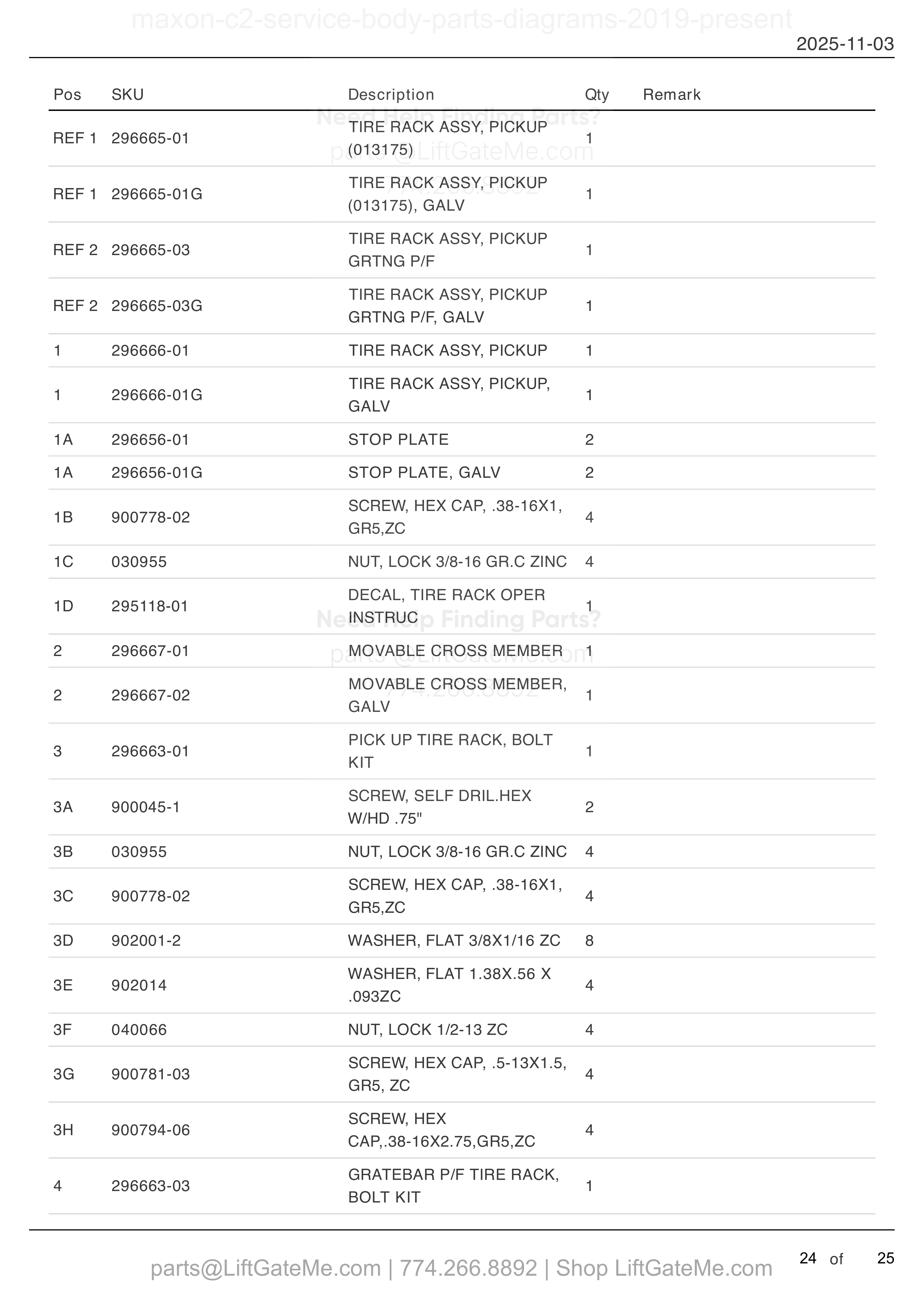 TIRE RACK ASSEMBLY (OPTION) parts table