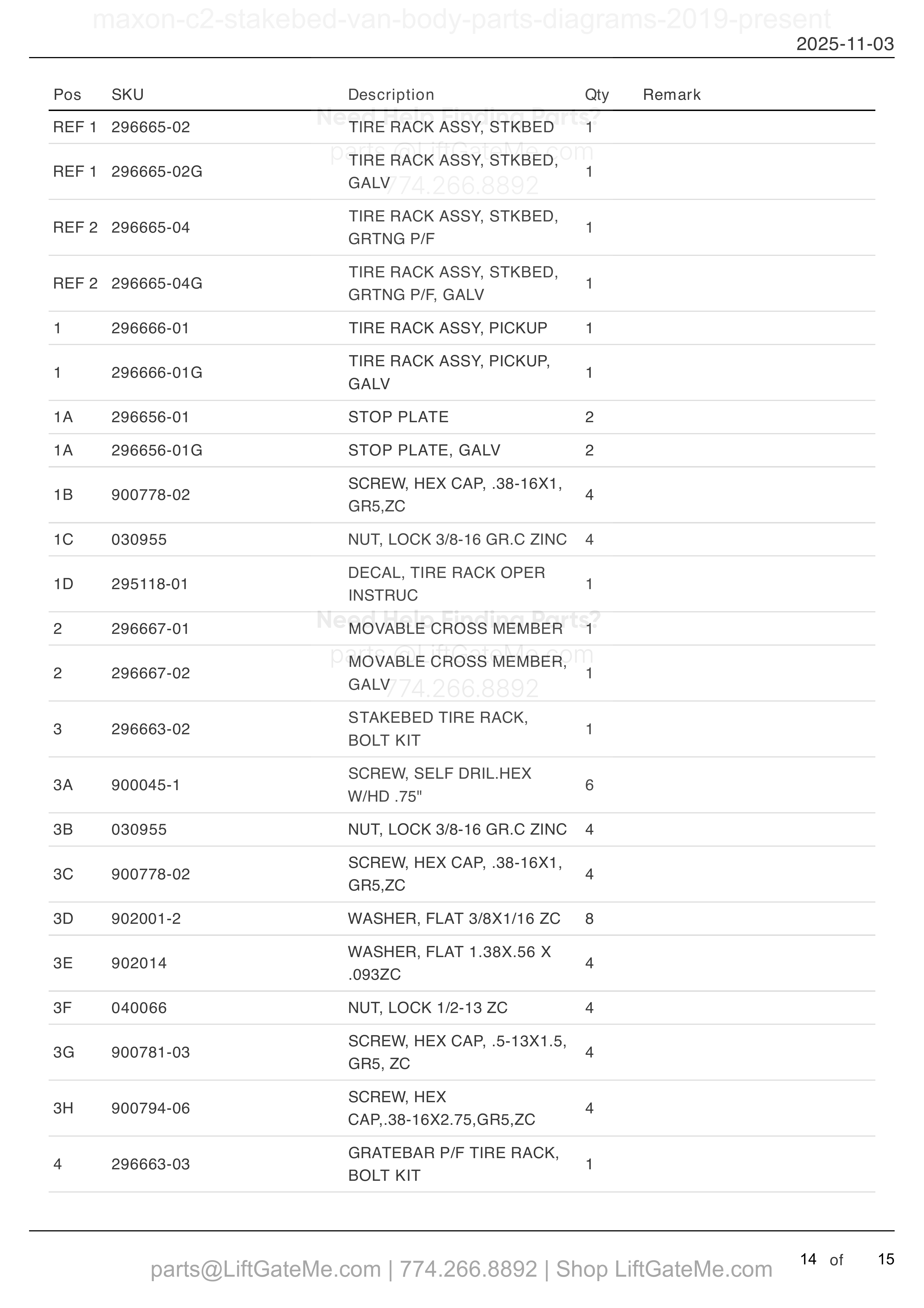 TIRE RACK ASSEMBLY (OPTION) parts table
