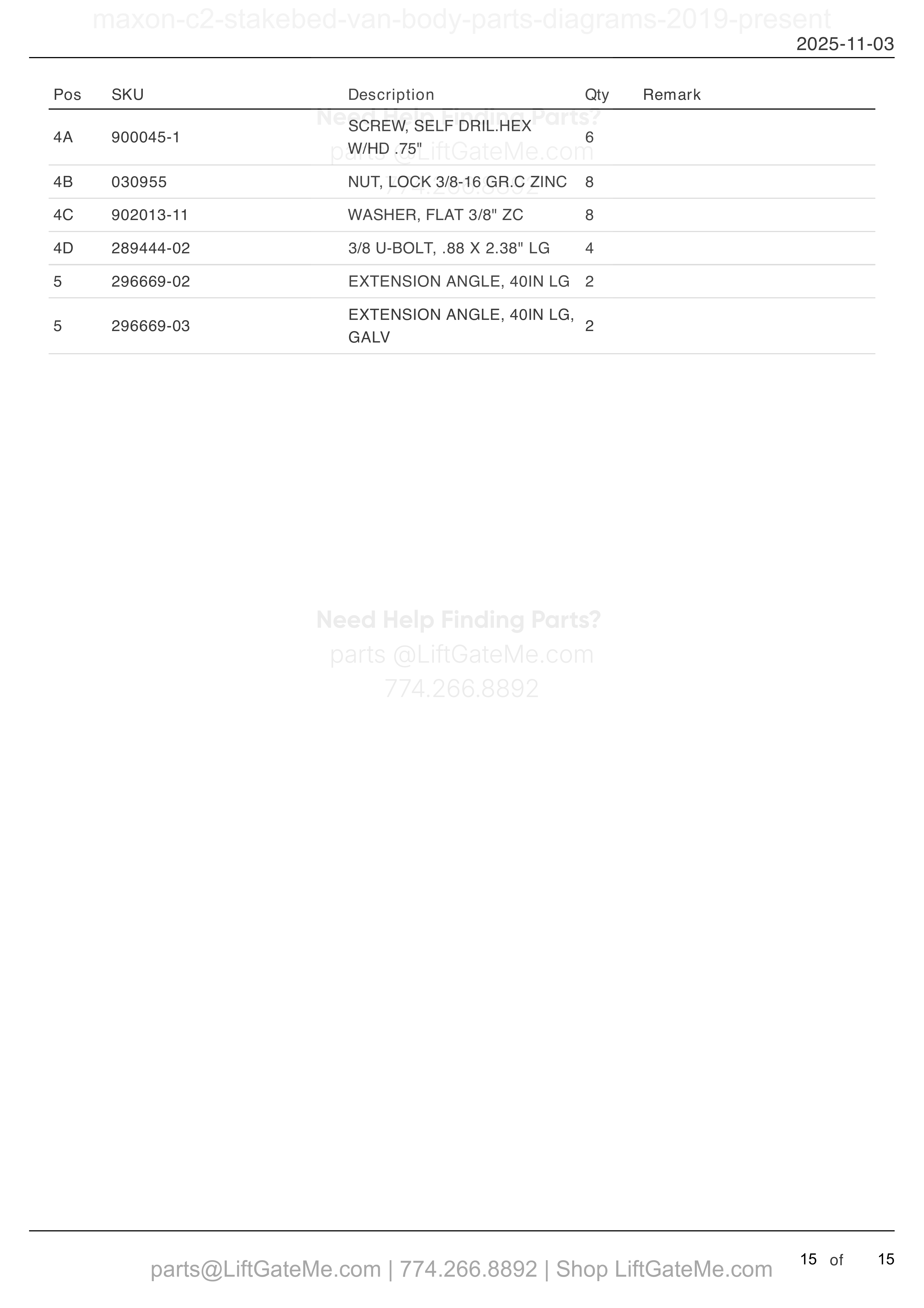 TIRE RACK ASSEMBLY (OPTION) parts table