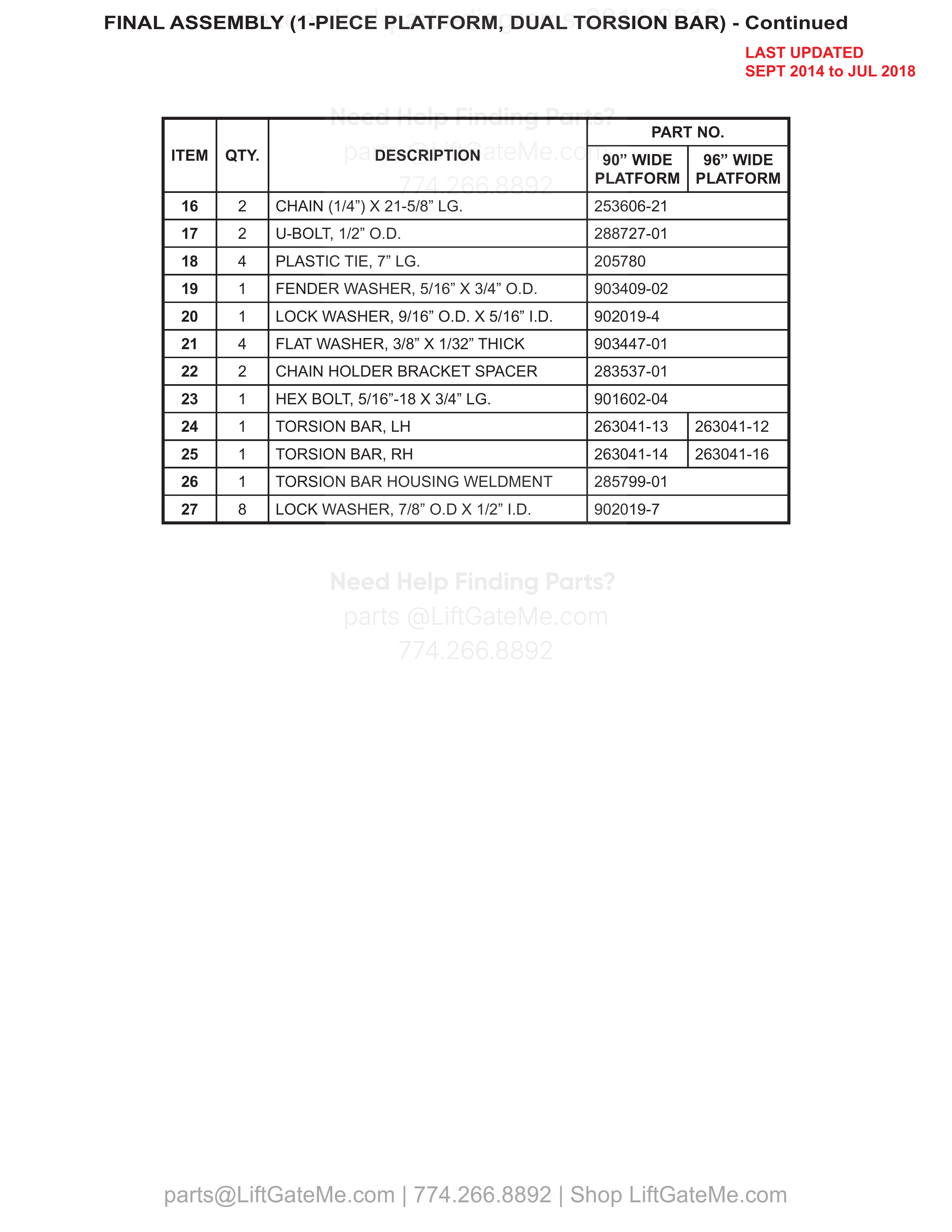 FINAL ASSEMBLY (1-PIECE PLATFORM, DUAL TORSION BAR) - Continued parts table