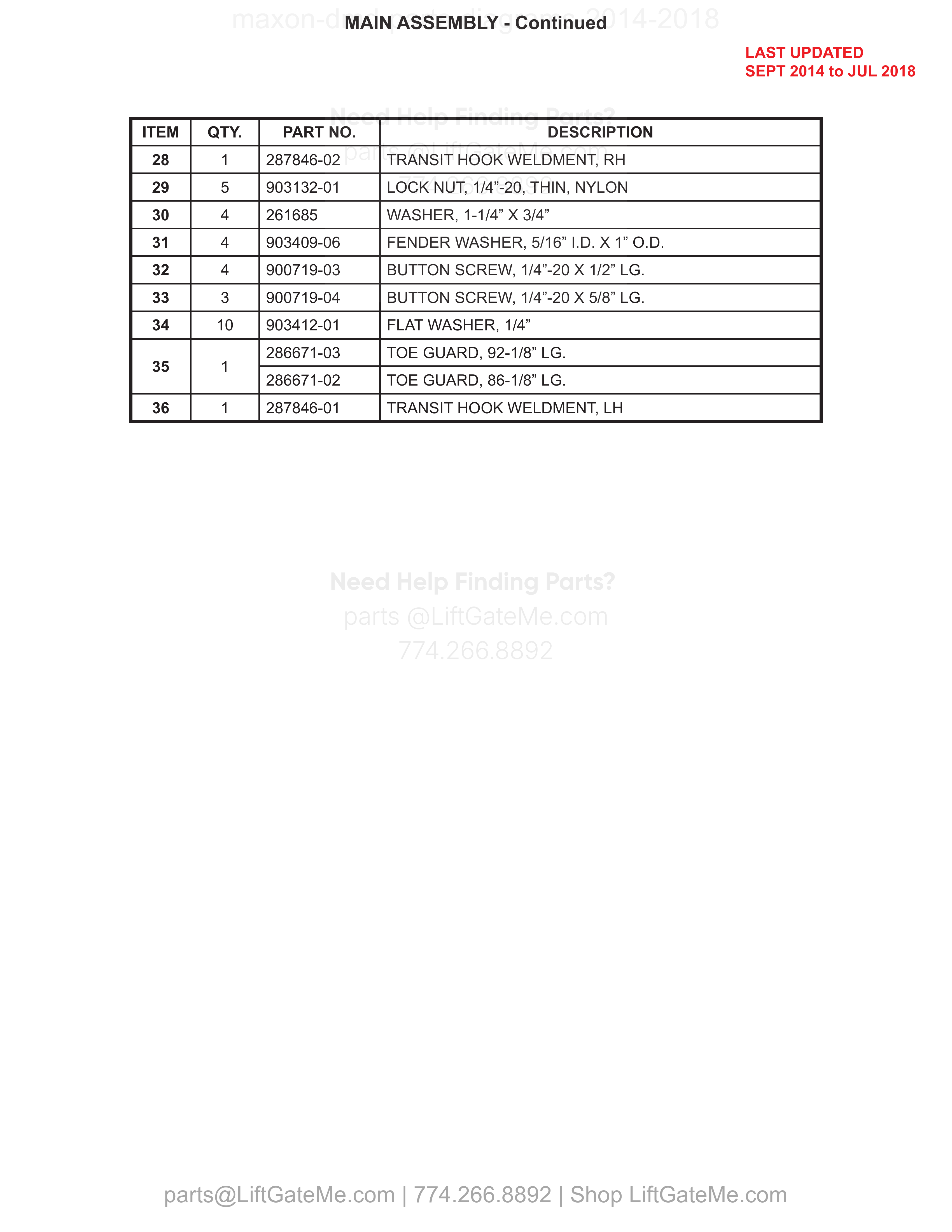 MAIN ASSEMBLY - Continued parts table