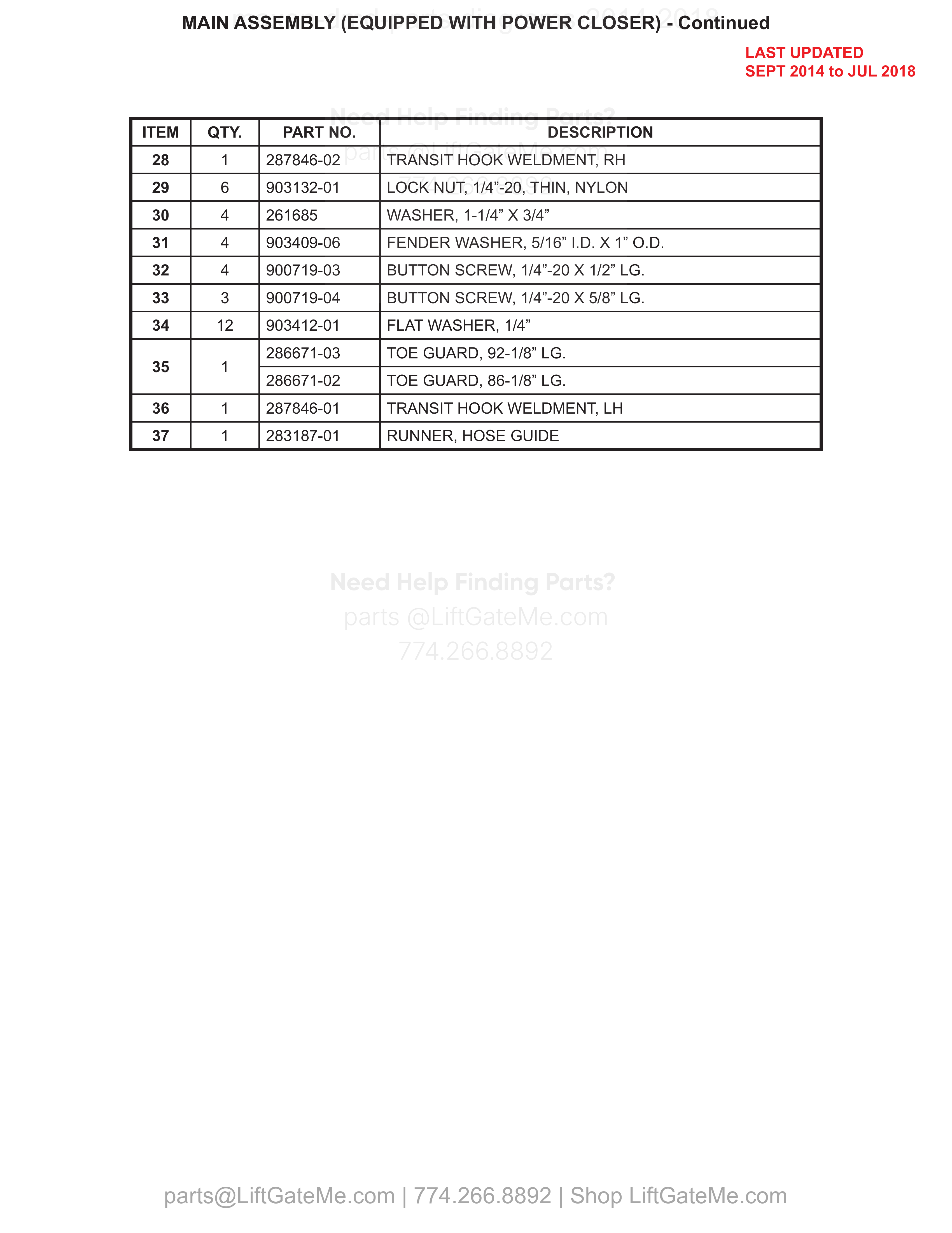 MAIN ASSEMBLY (EQUIPPED WITH POWER CLOSER) - Continued parts table