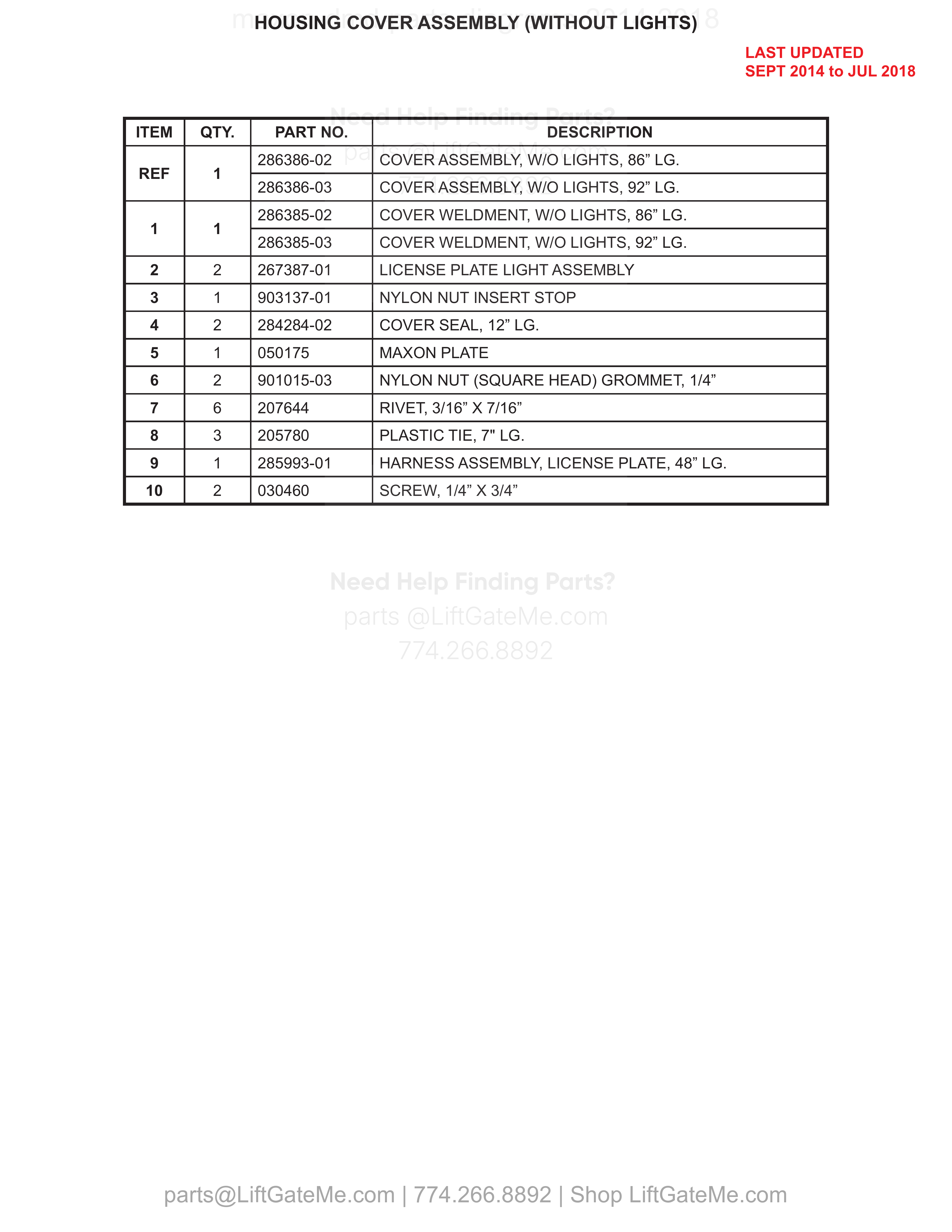 HOUSING COVER ASSEMBLY (WITHOUT LIGHTS) parts table