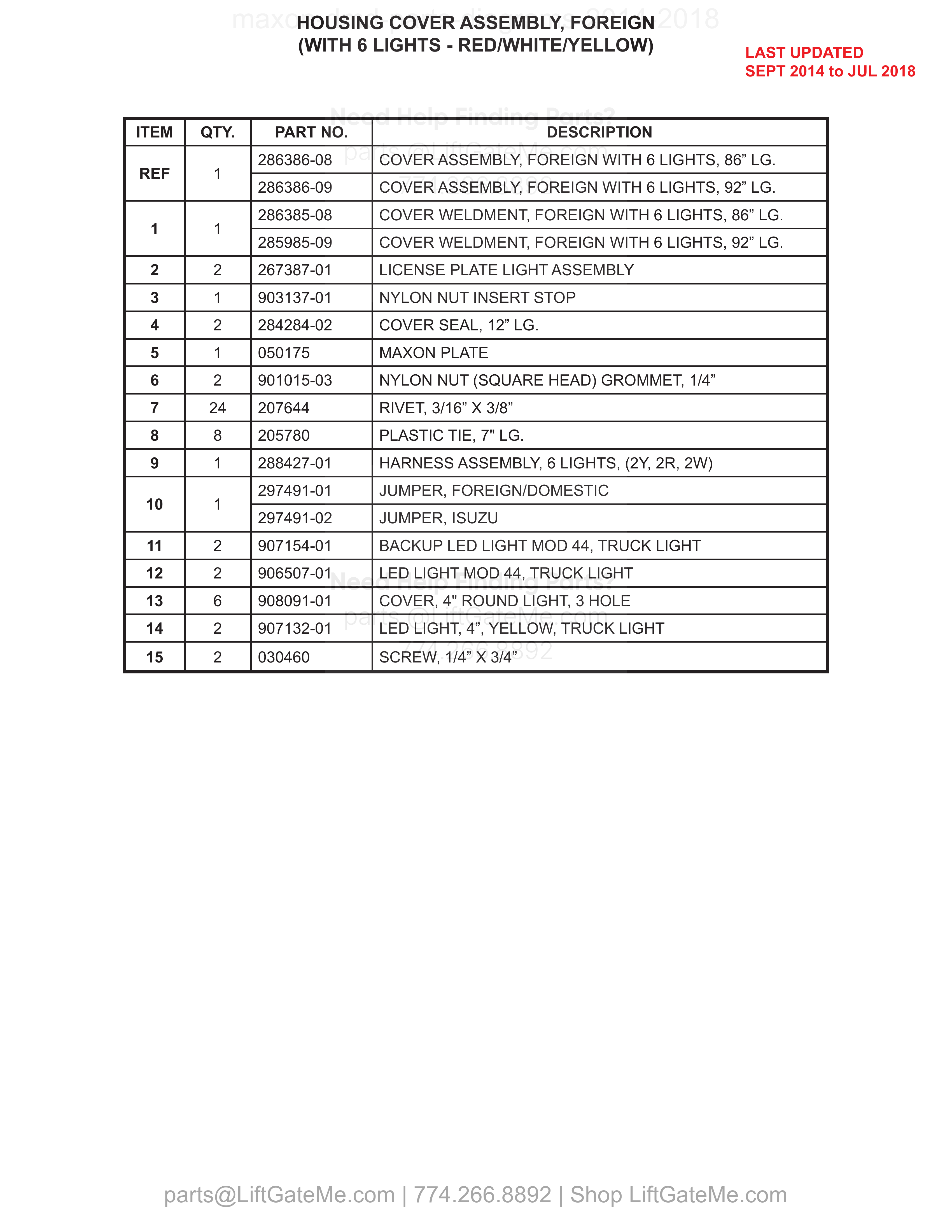 HOUSING COVER ASSEMBLY, FOREIGN (WITH 6 LIGHTS - RED/WHITE/YELLOW) parts table