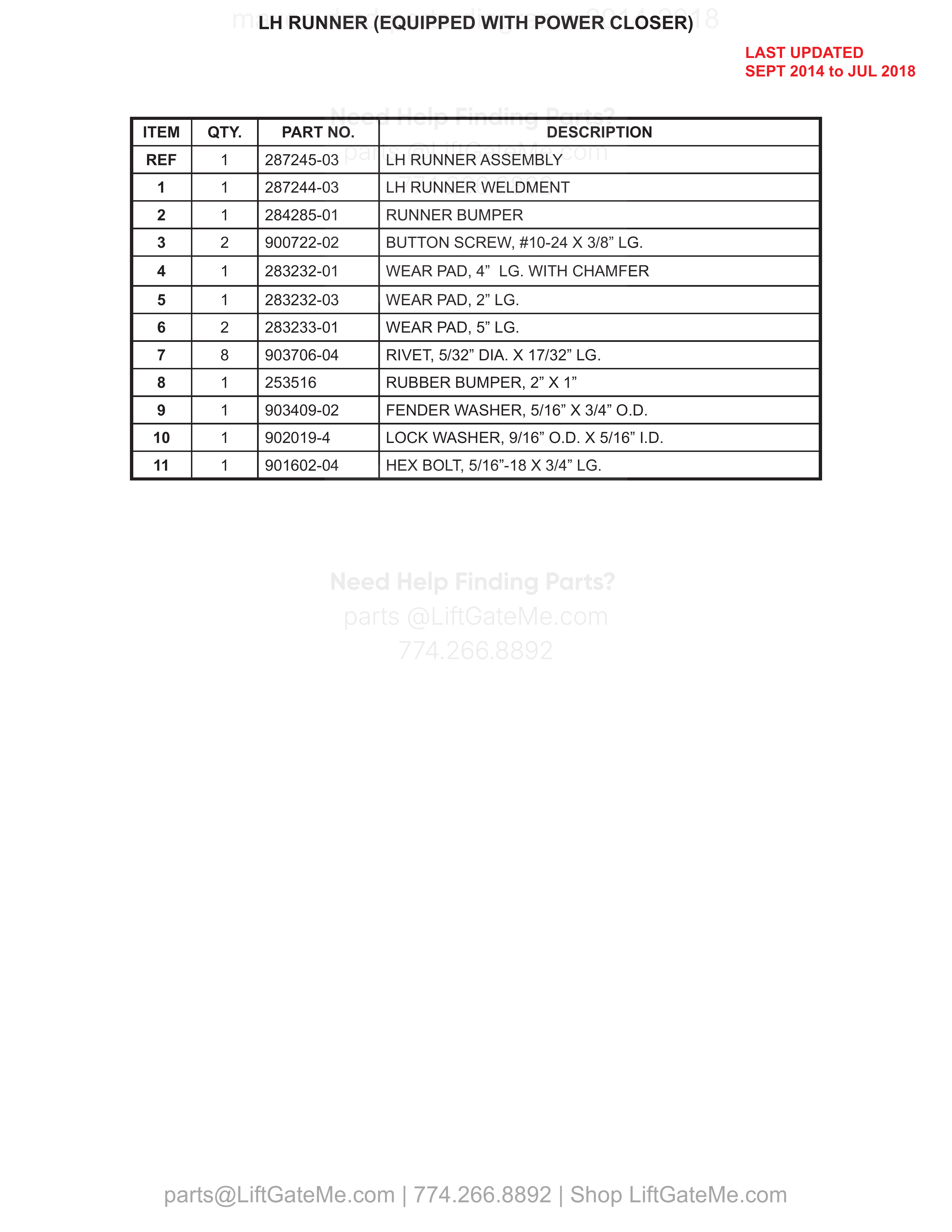 LH RUNNER (EQUIPPED WITH POWER CLOSER) parts table