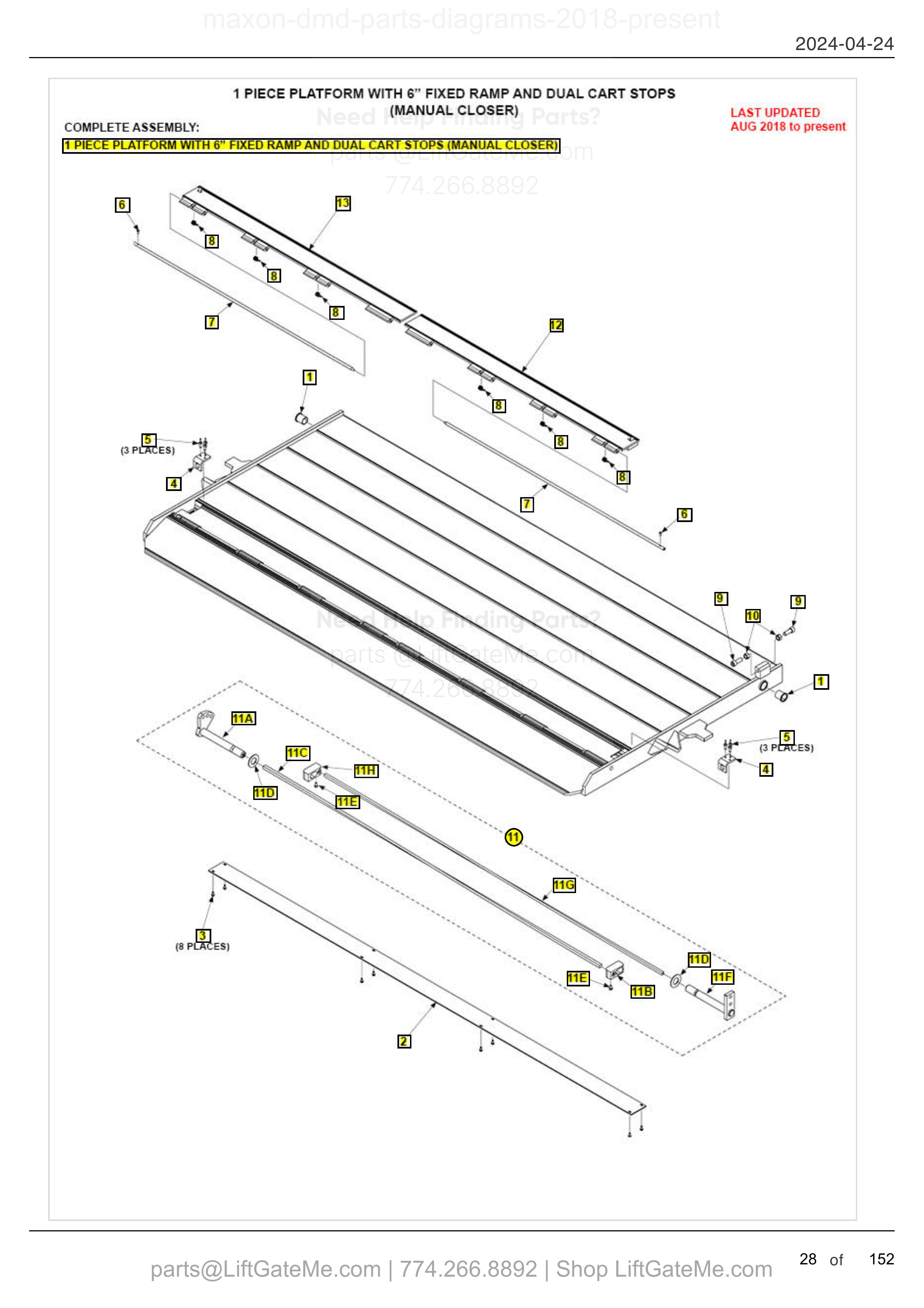 1 PIECE PLATFORM WITH 6” FIXED RAMP AND DUAL CART STOPS (MANUAL CLOSER) diagram