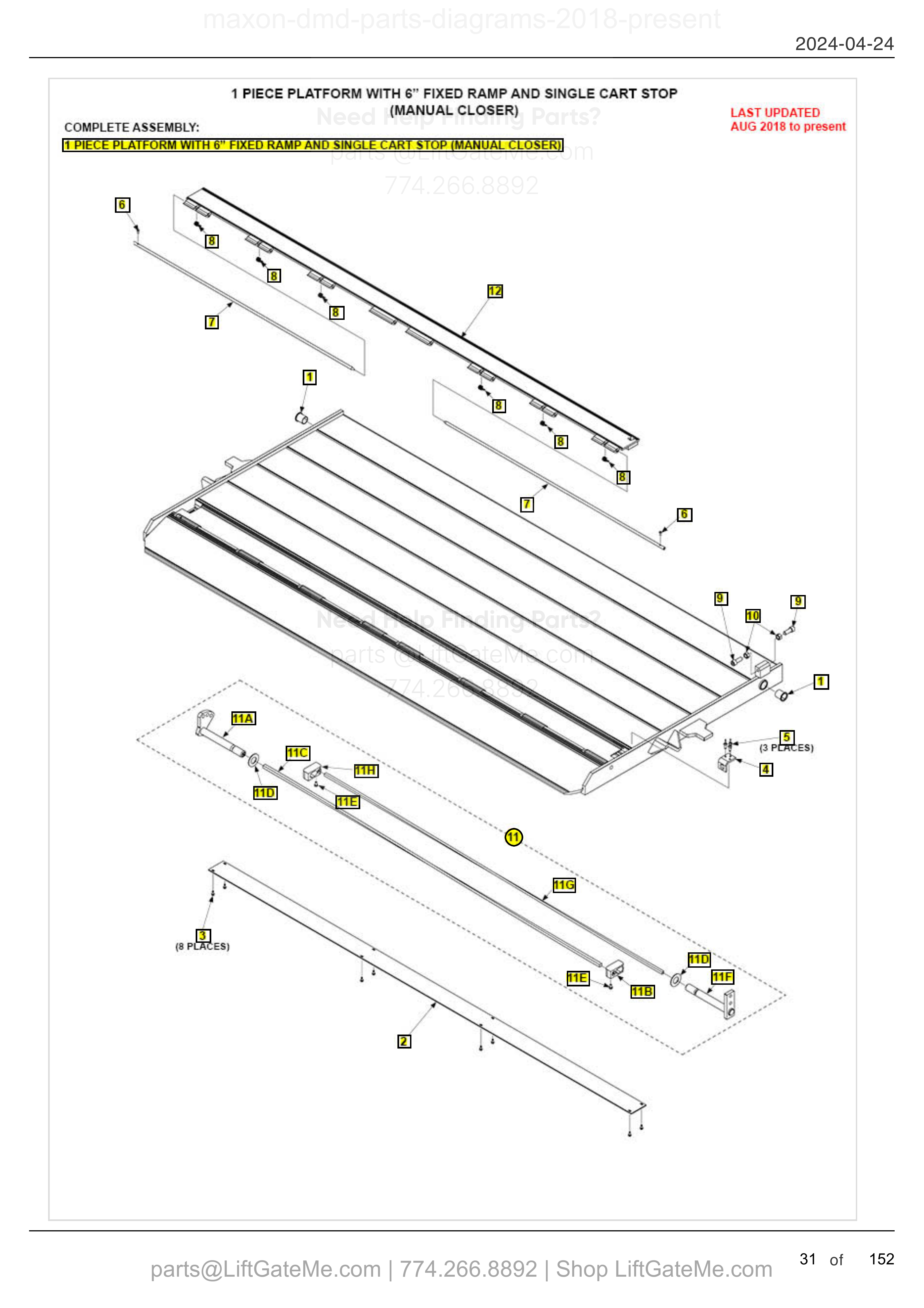 1 PIECE PLATFORM WITH 6” FIXED RAMP AND SINGLE CART STOP (MANUAL CLOSER) diagram