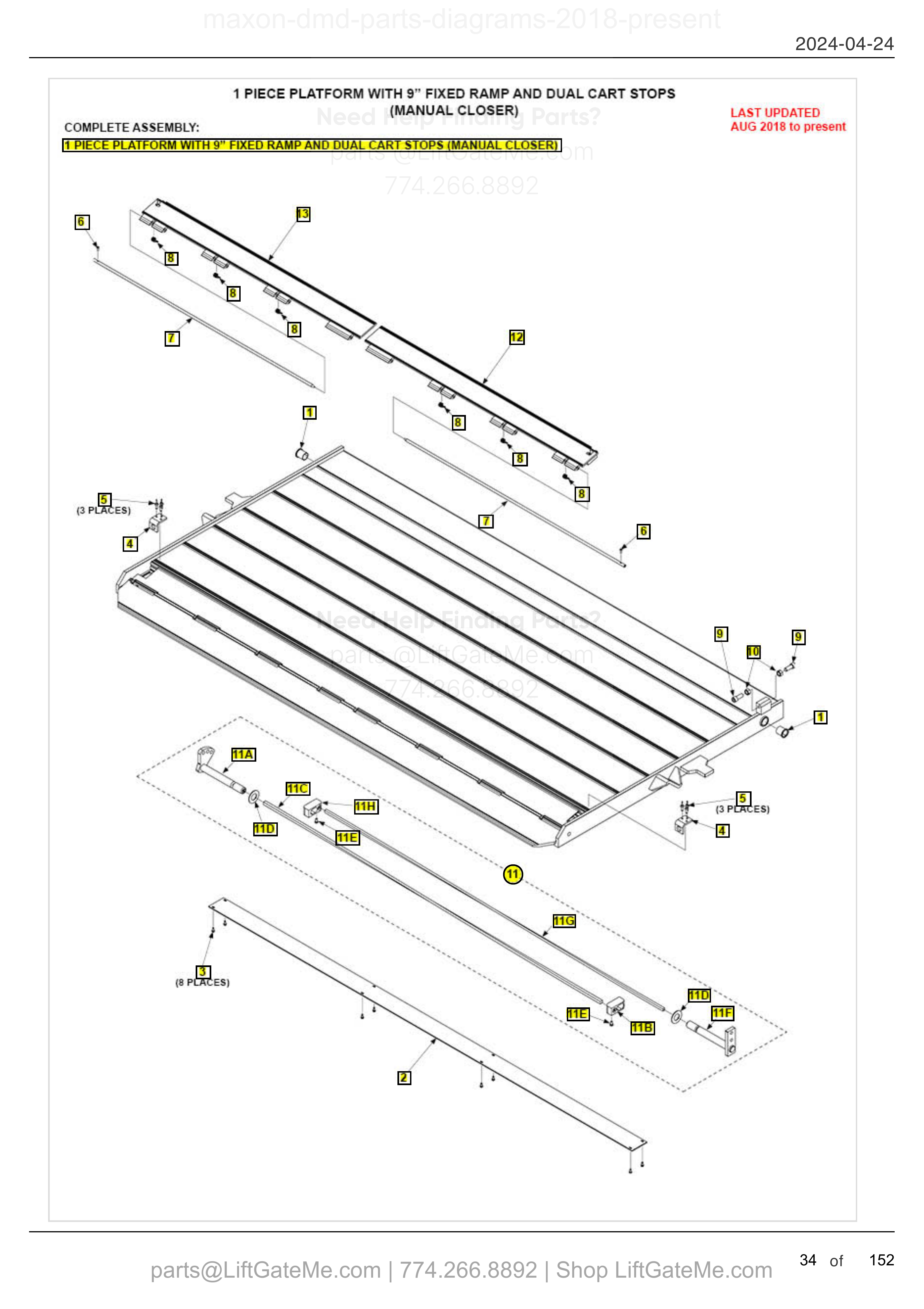 1 PIECE PLATFORM WITH 9" FIXED RAMP AND DUAL CART STOPS (MANUAL CLOSER) diagram