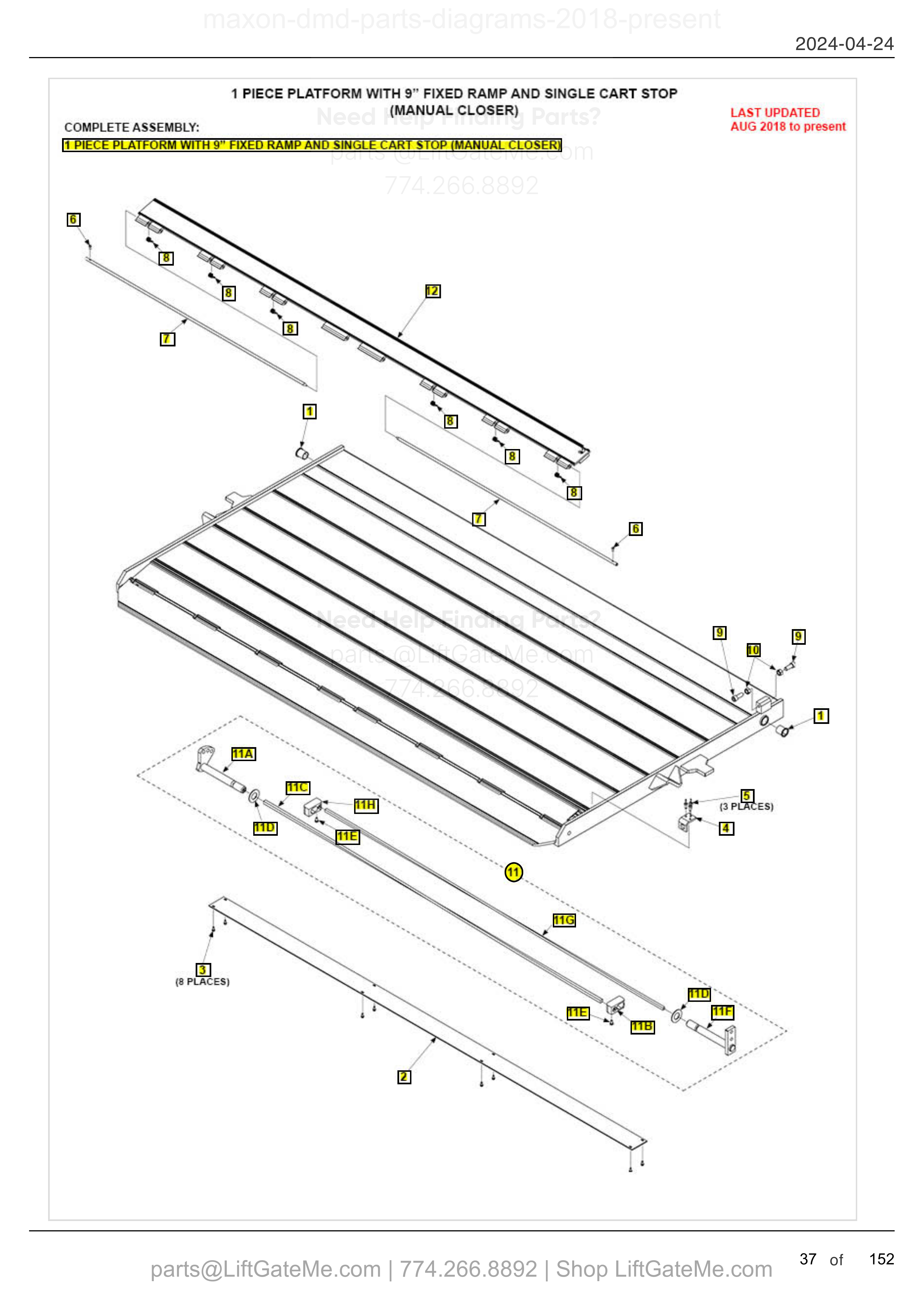 1 PIECE PLATFORM WITH 9” FIXED RAMP AND SINGLE CART STOP (MANUAL CLOSER) diagram