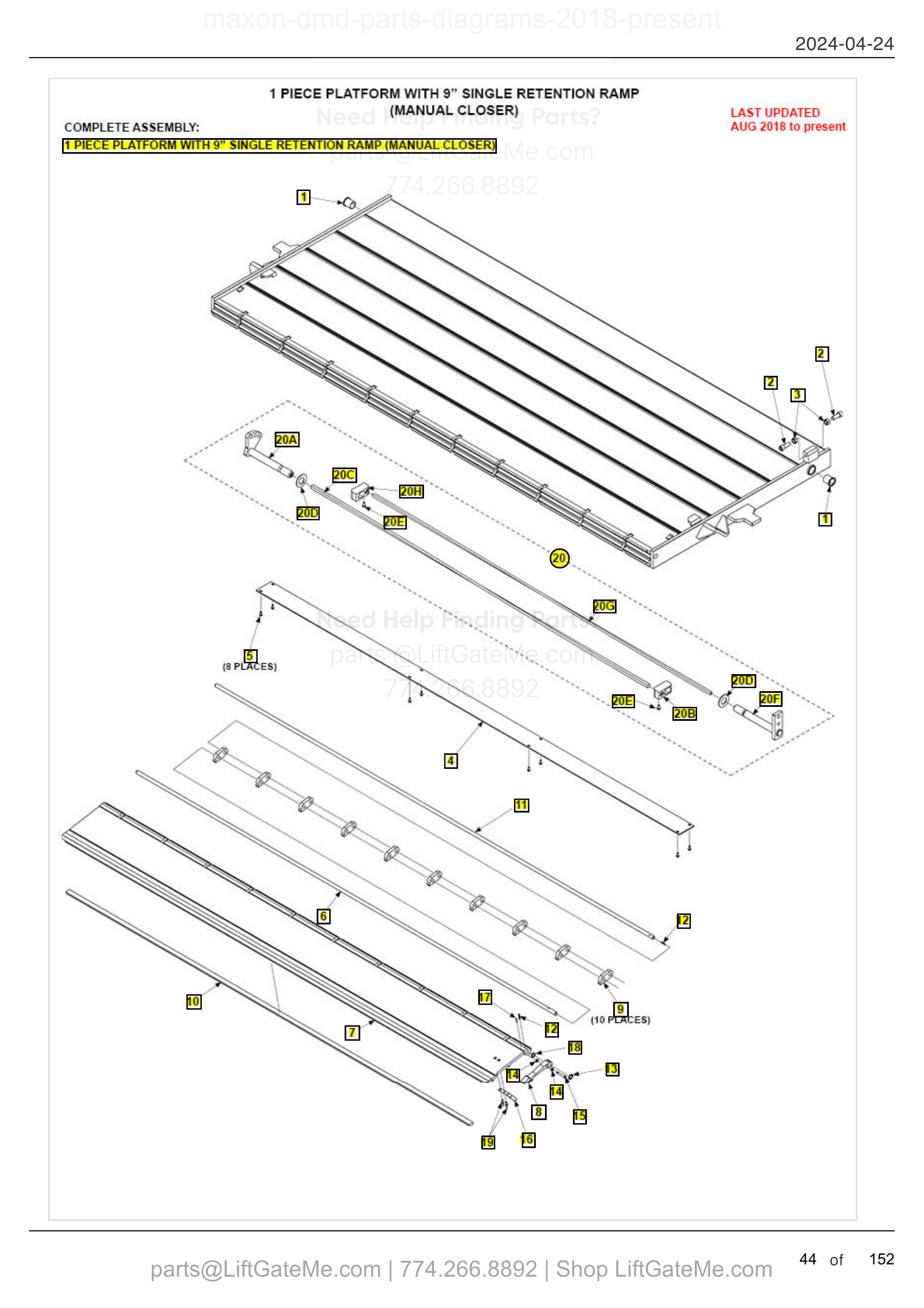 1 PIECE PLATFORM WITH 9” SINGLE RETENTION RAMP (MANUAL CLOSER) diagram