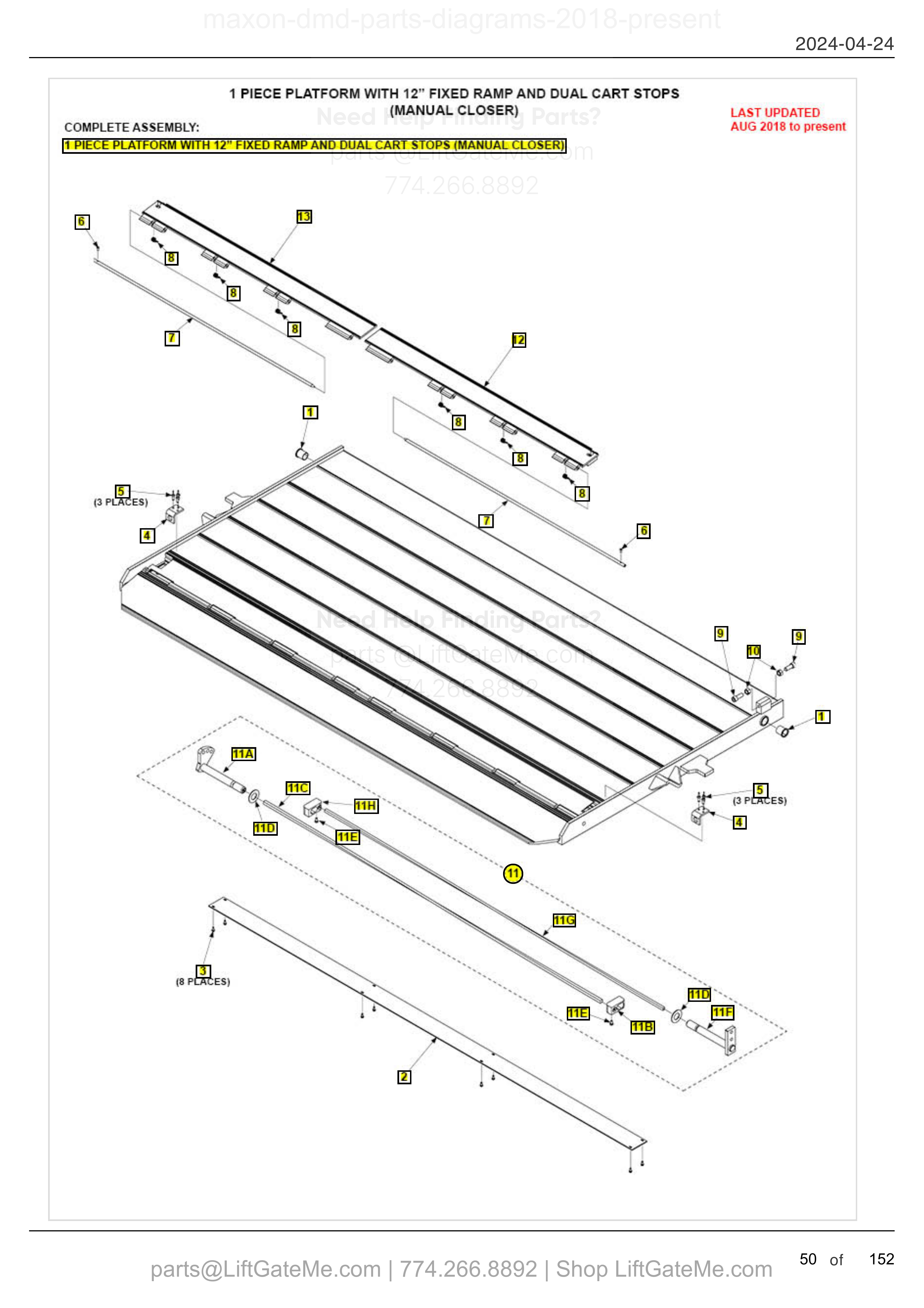 1 PIECE PLATFORM WITH 12” FIXED RAMP AND DUAL CART STOPS (MANUAL CLOSER) diagram