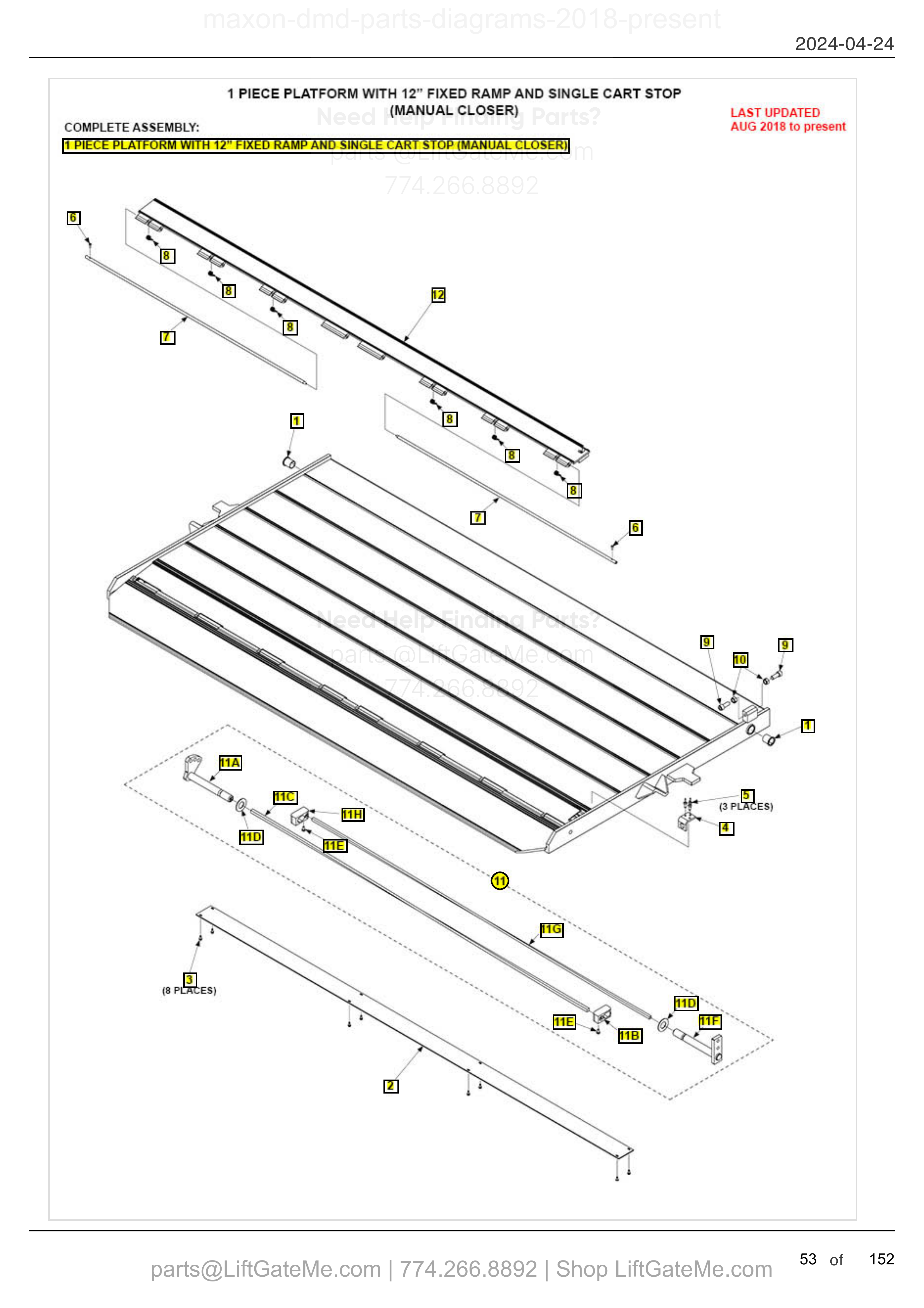 1 PIECE PLATFORM WITH 12" FIXED RAMP AND SINGLE CART STOP (MANUAL CLOSER) diagram