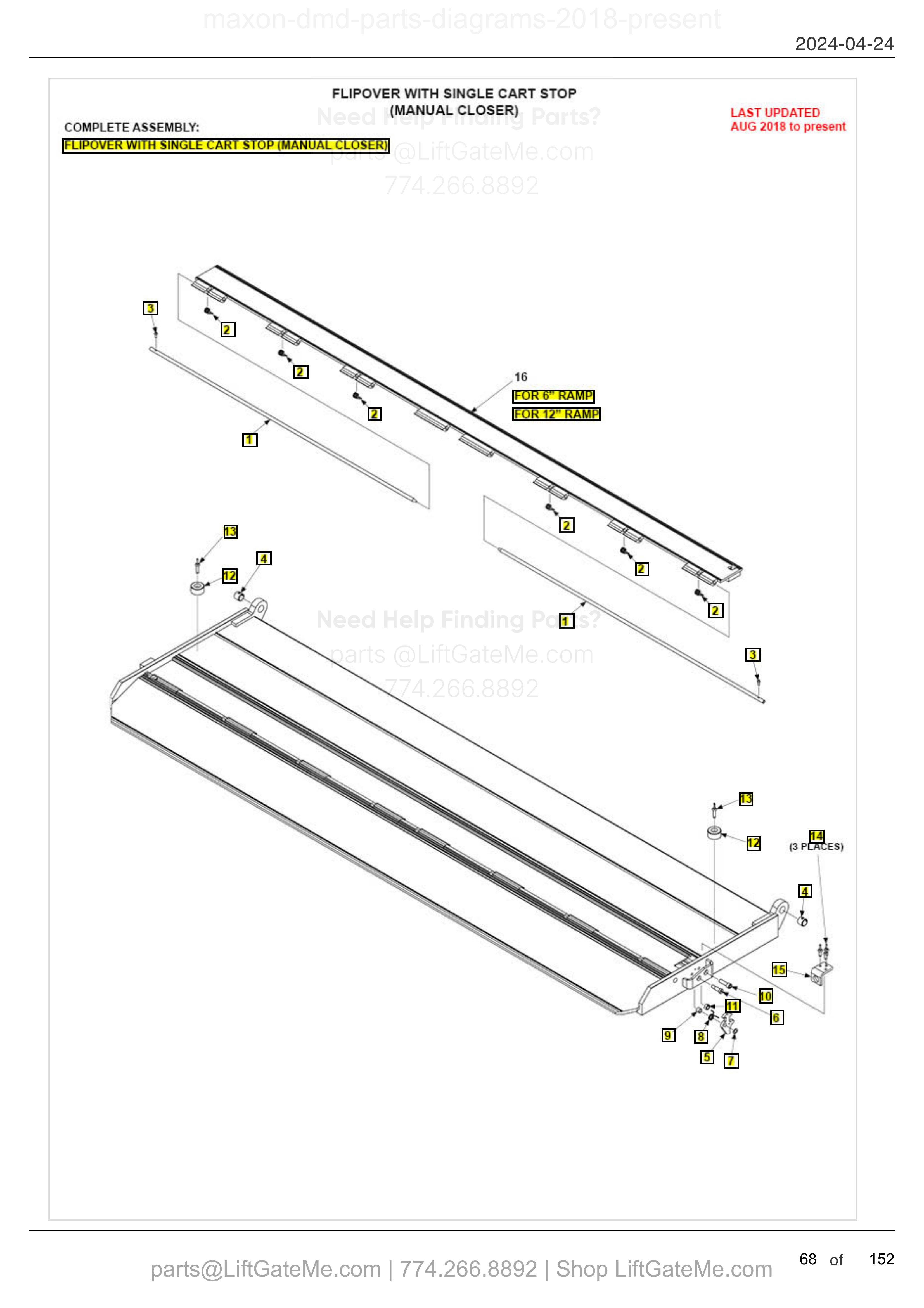 FLIPOVER WITH SINGLE CART STOP (MANUAL CLOSER) diagram
