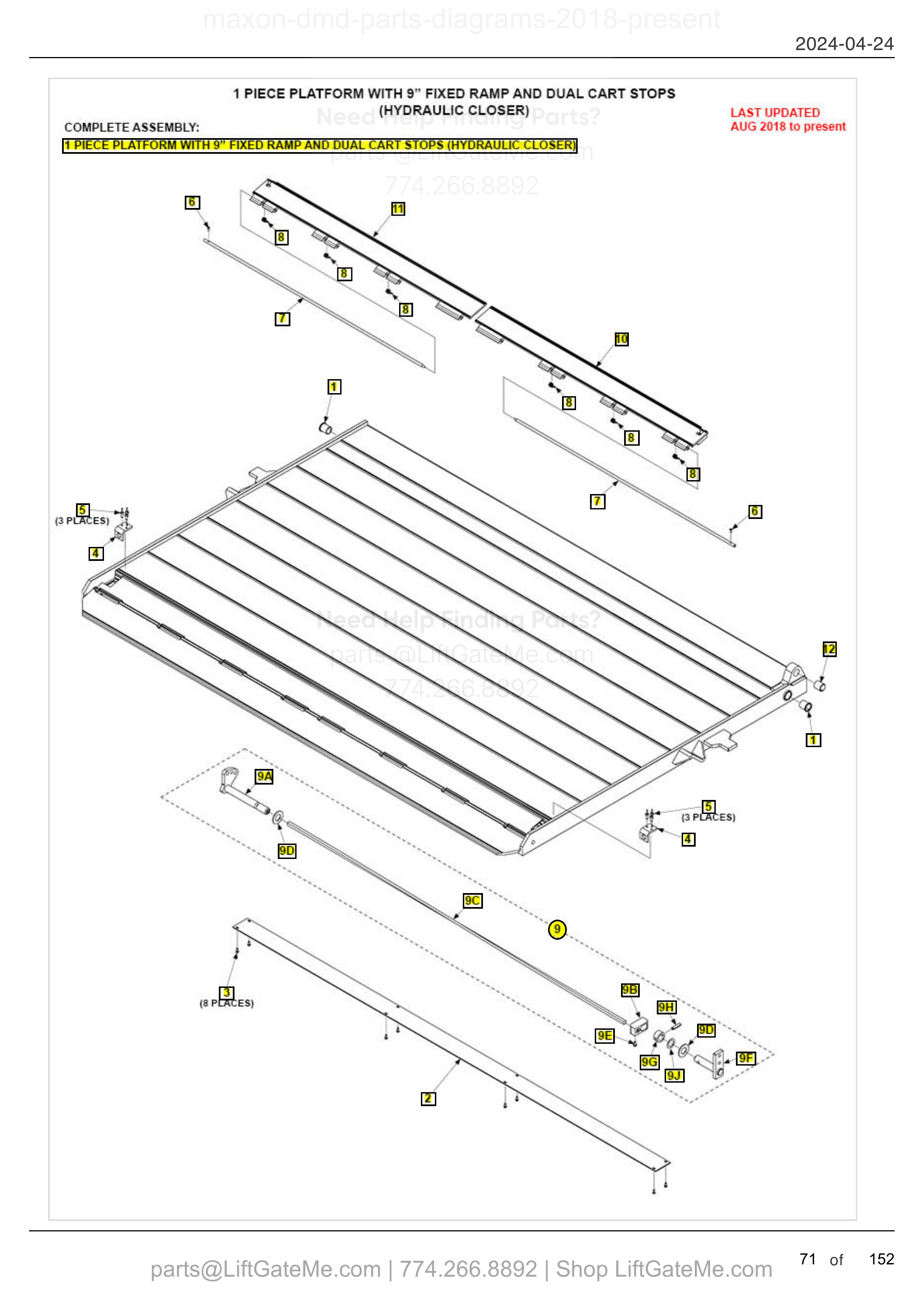 1 PIECE PLATFORM WITH 9" FIXED RAMP AND DUAL CART STOPS (HYDRAULIC CLOSER) diagram