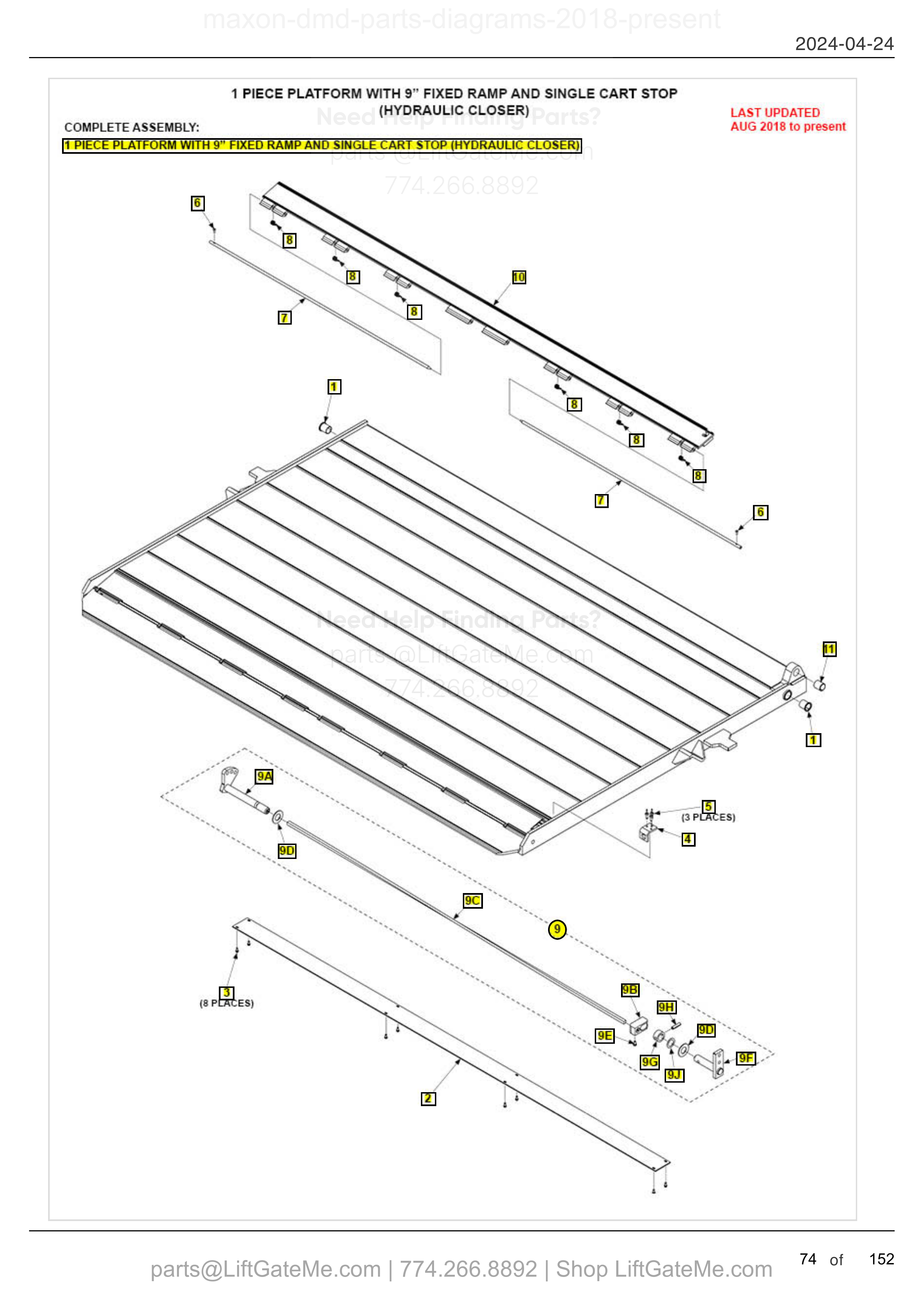 1 PIECE PLATFORM WITH 9” FIXED RAMP AND SINGLE CART STOP (HYDRAULIC CLOSER) diagram