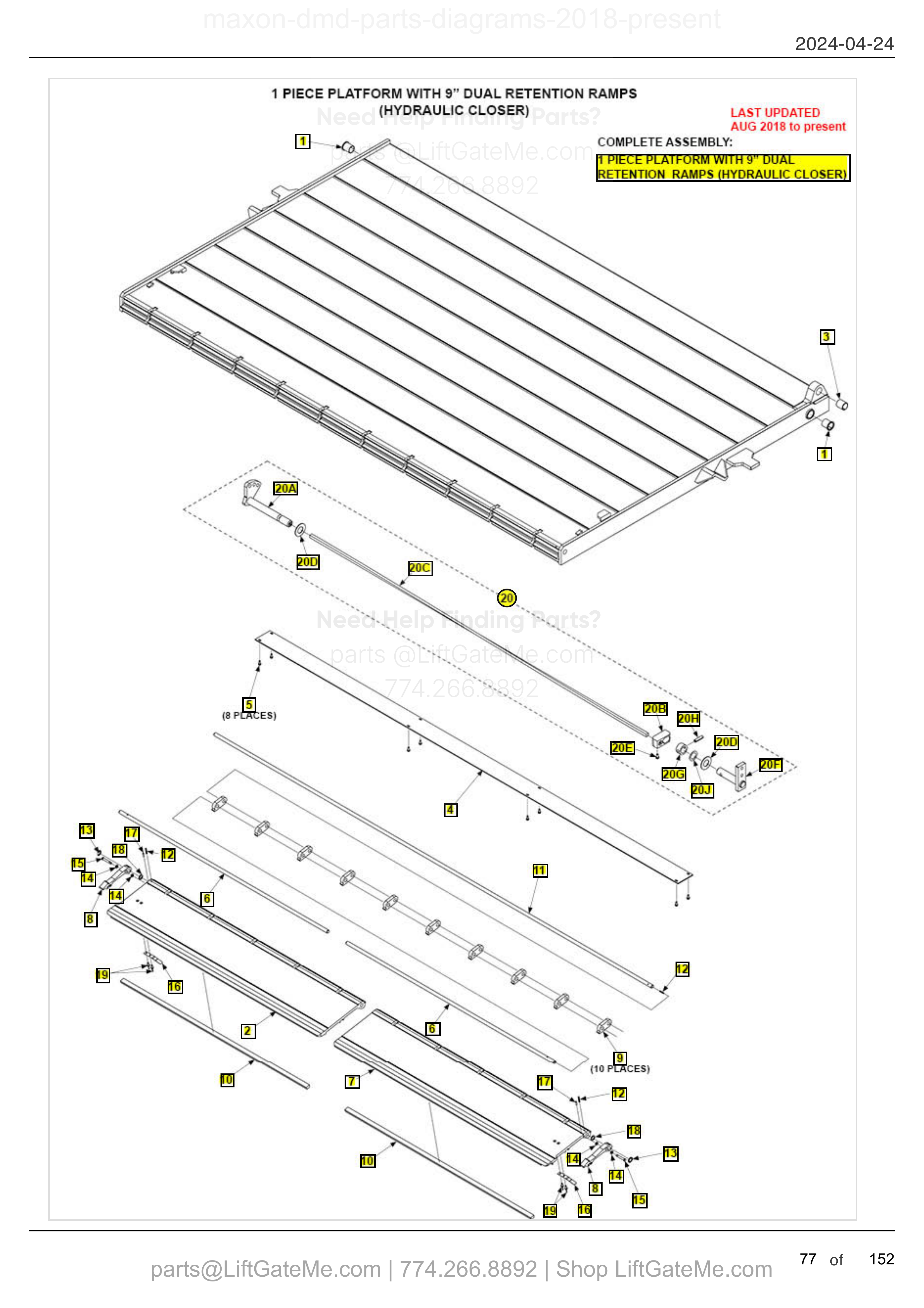 1 PIECE PLATFORM WITH 9” DUAL RETENTION RAMPS (HYDRAULIC CLOSER) diagram