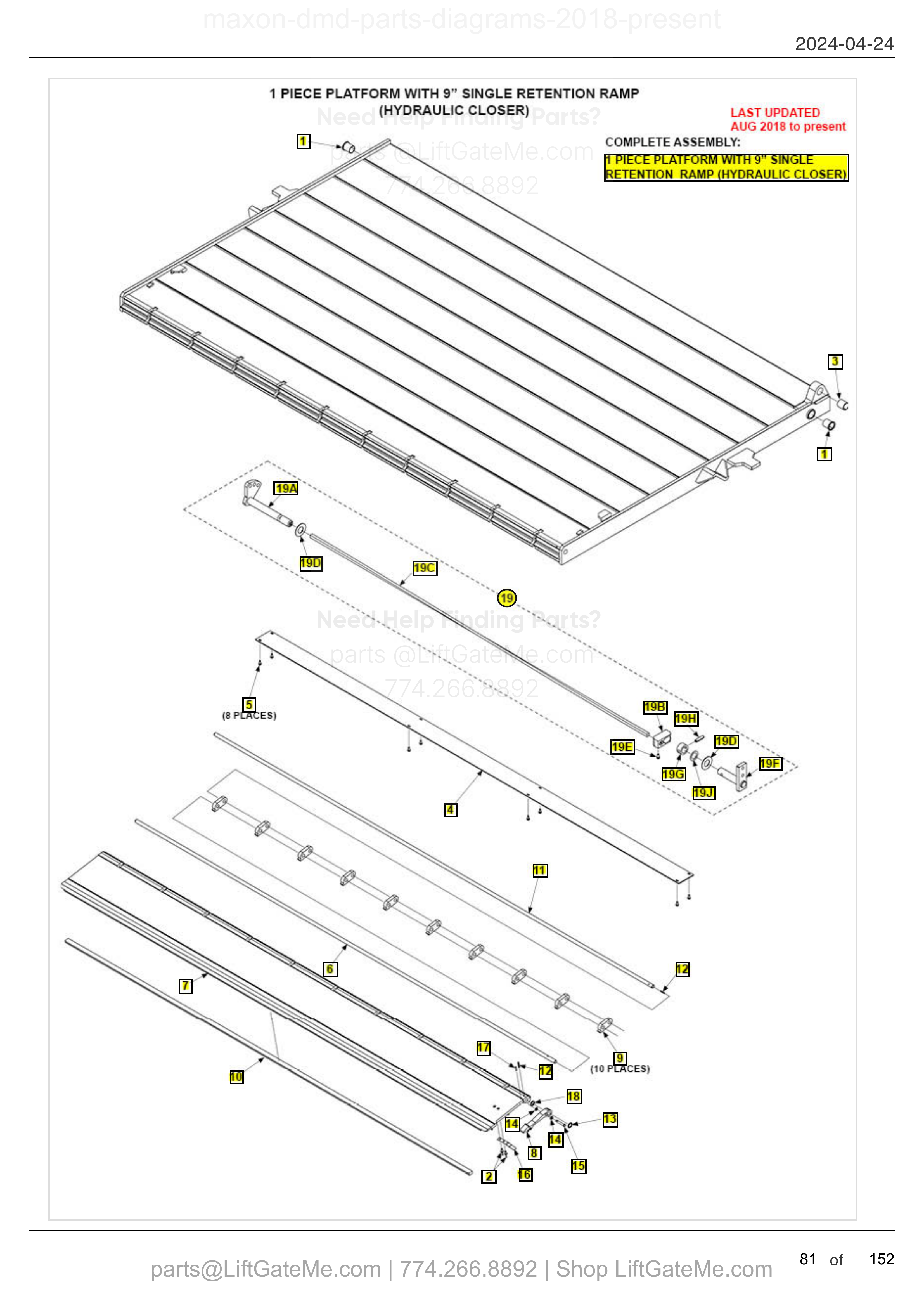 1 PIECE PLATFORM WITH 9” SINGLE RETENTION RAMP (HYDRAULIC CLOSER) diagram