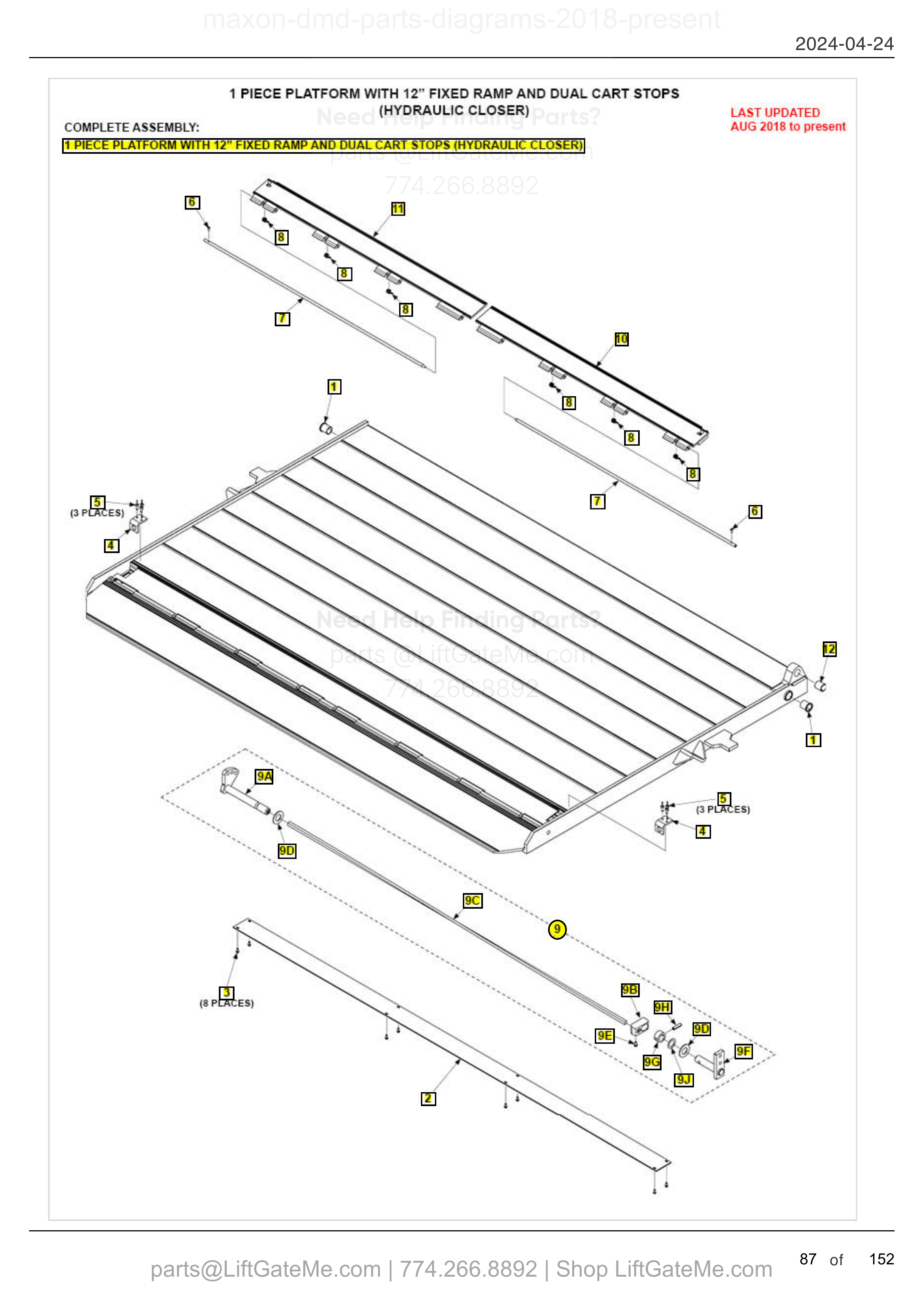 1 PIECE PLATFORM WITH 12” FIXED RAMP AND DUAL CART STOPS (HYDRAULIC CLOSER) diagram