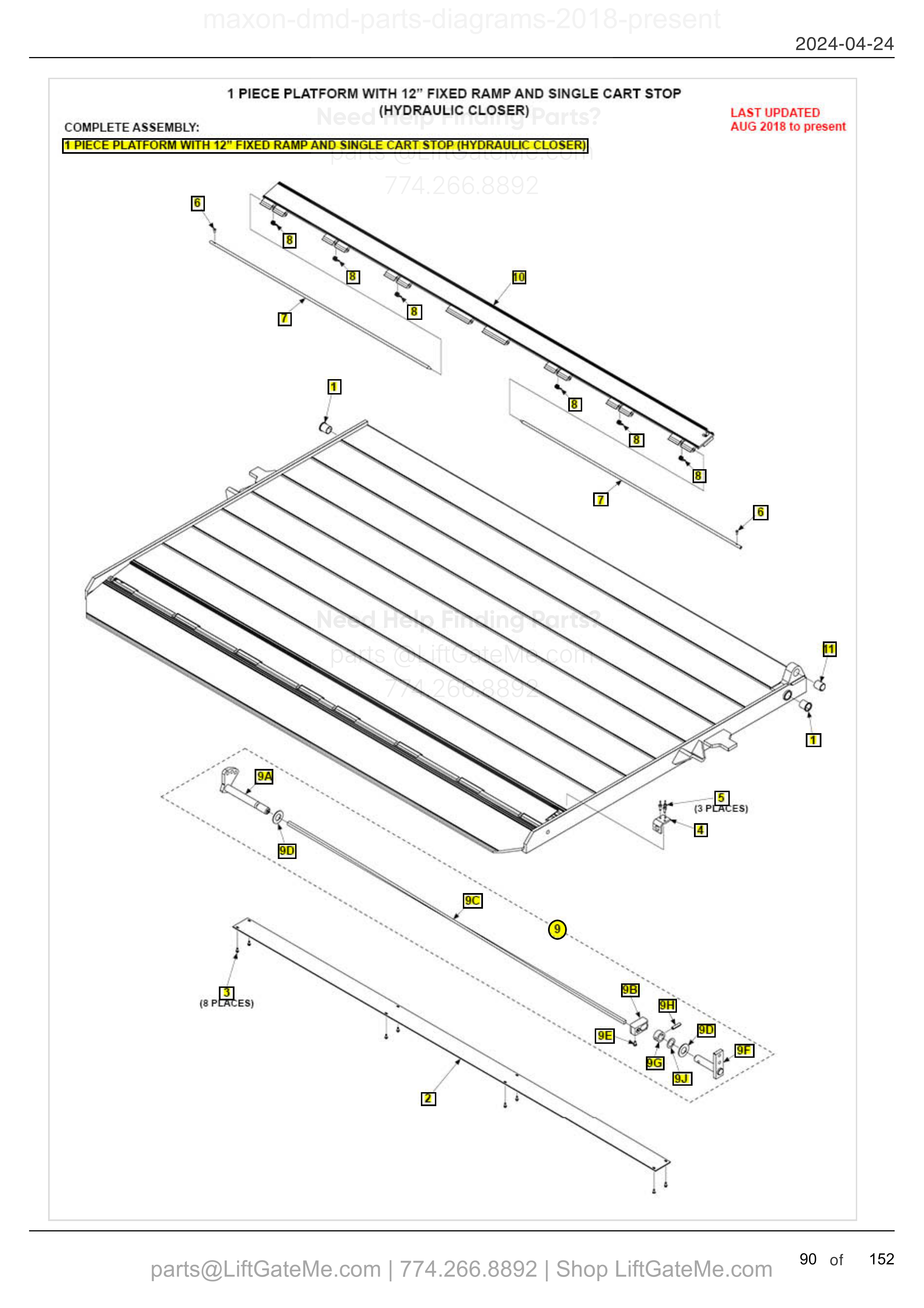 1 PIECE PLATFORM WITH 12" FIXED RAMP AND SINGLE CART STOP (HYDRAULIC CLOSER) diagram