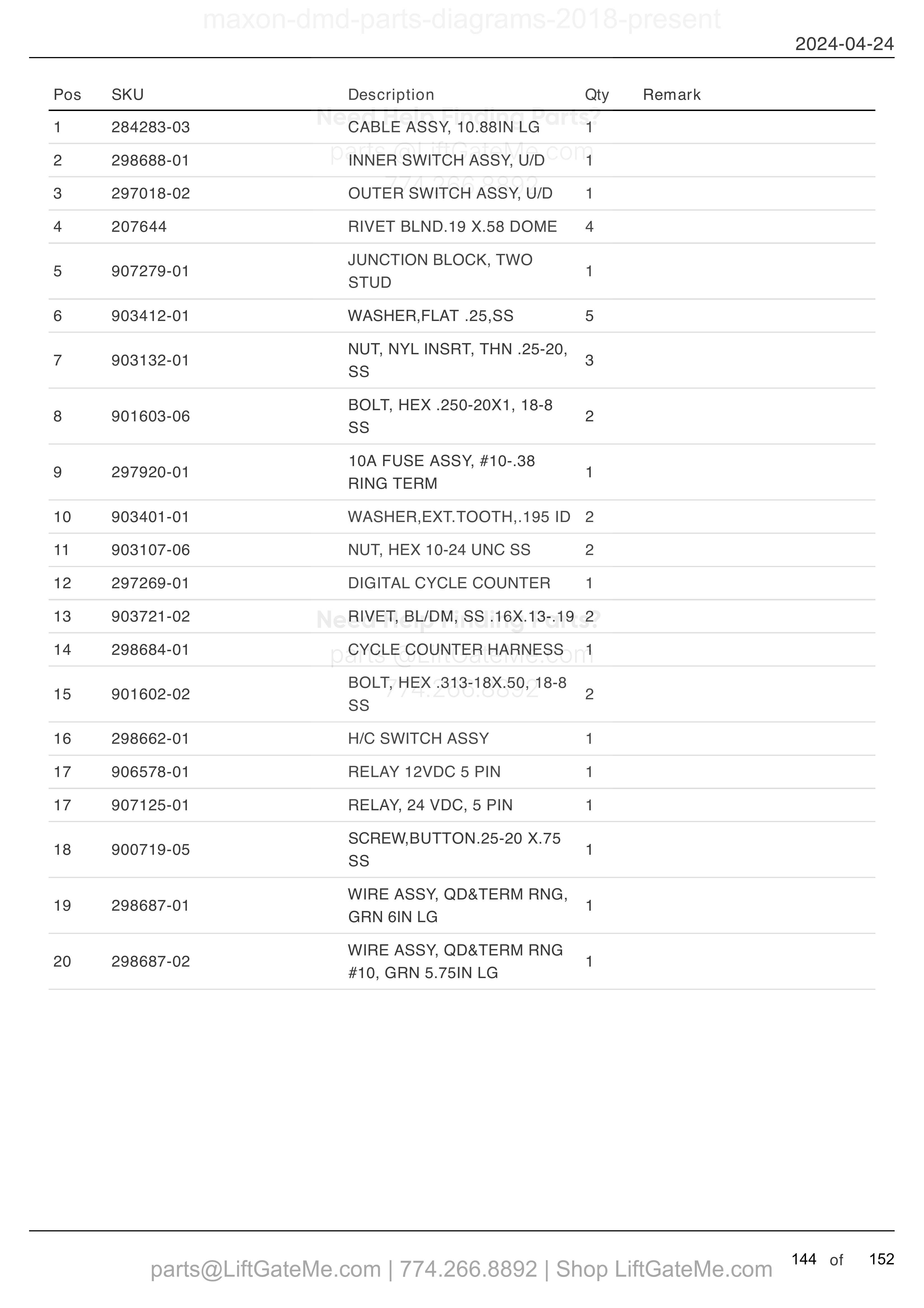 ELECTRICAL SYSTEMS (HYDRAULIC CLOSER) parts table