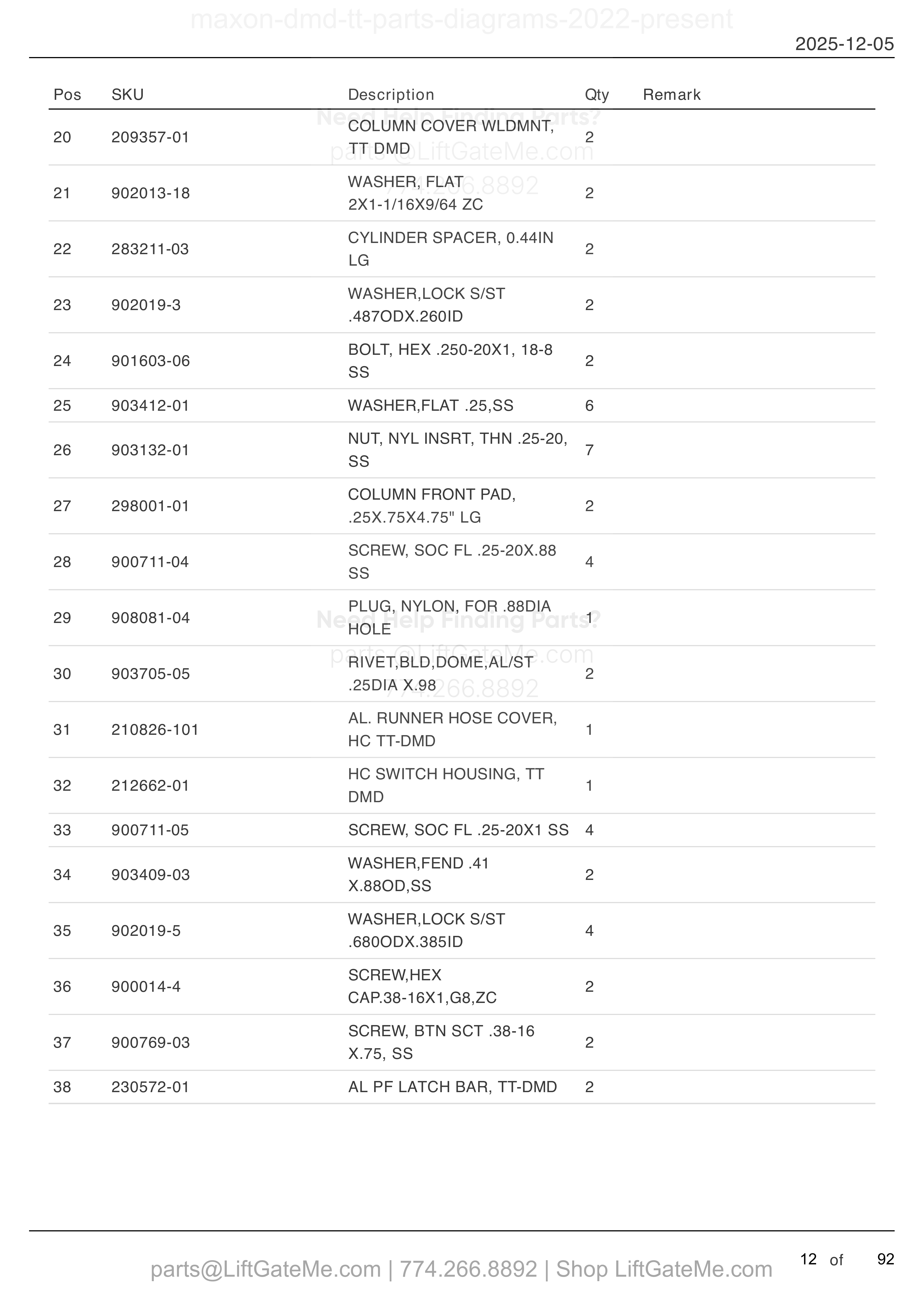 MAIN ASSEMBLY (continued) parts table
