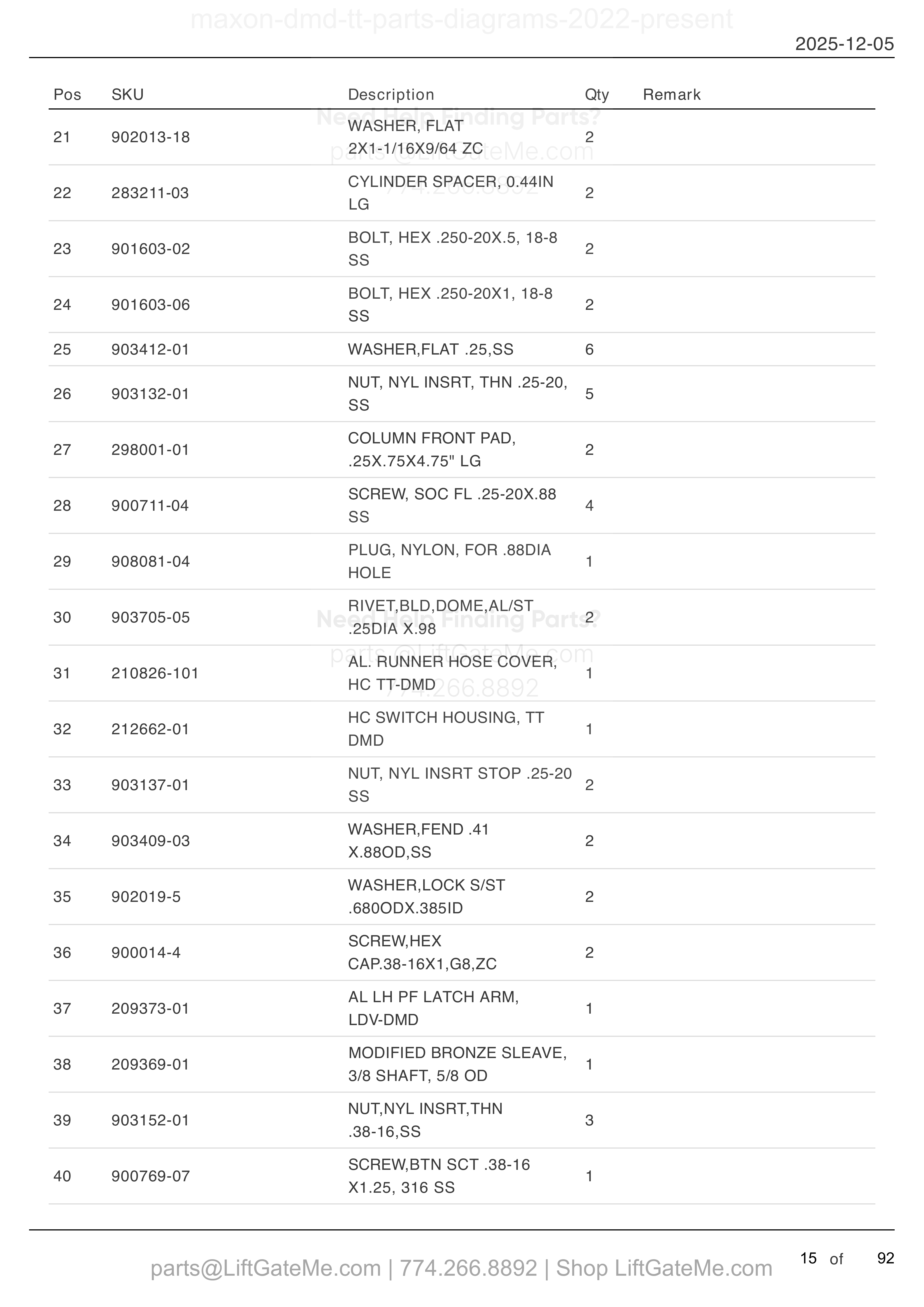 MAIN ASSEMBLY (continued) parts table