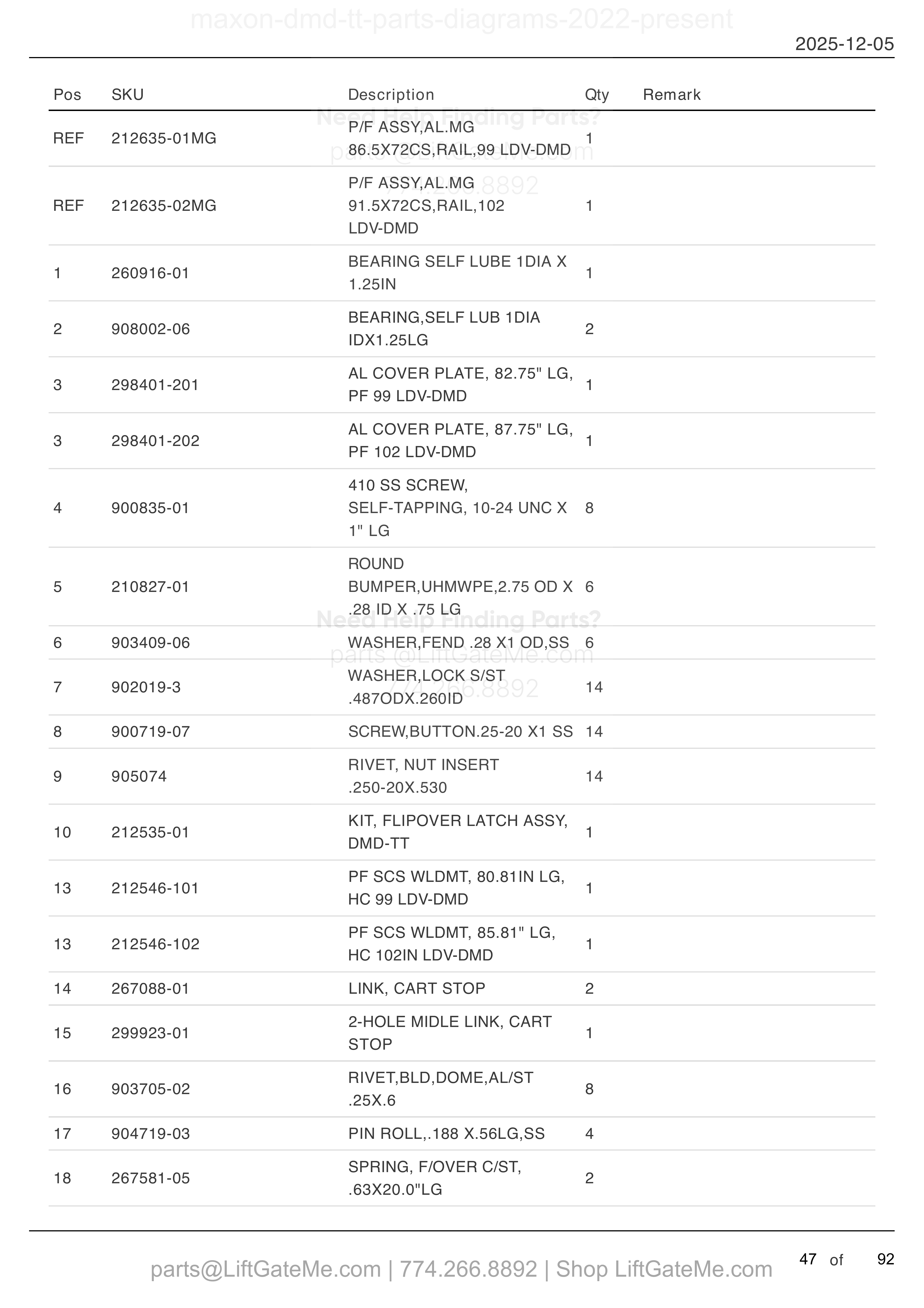 PLATFORM ASSEMBLY (FOR RAIL) parts table