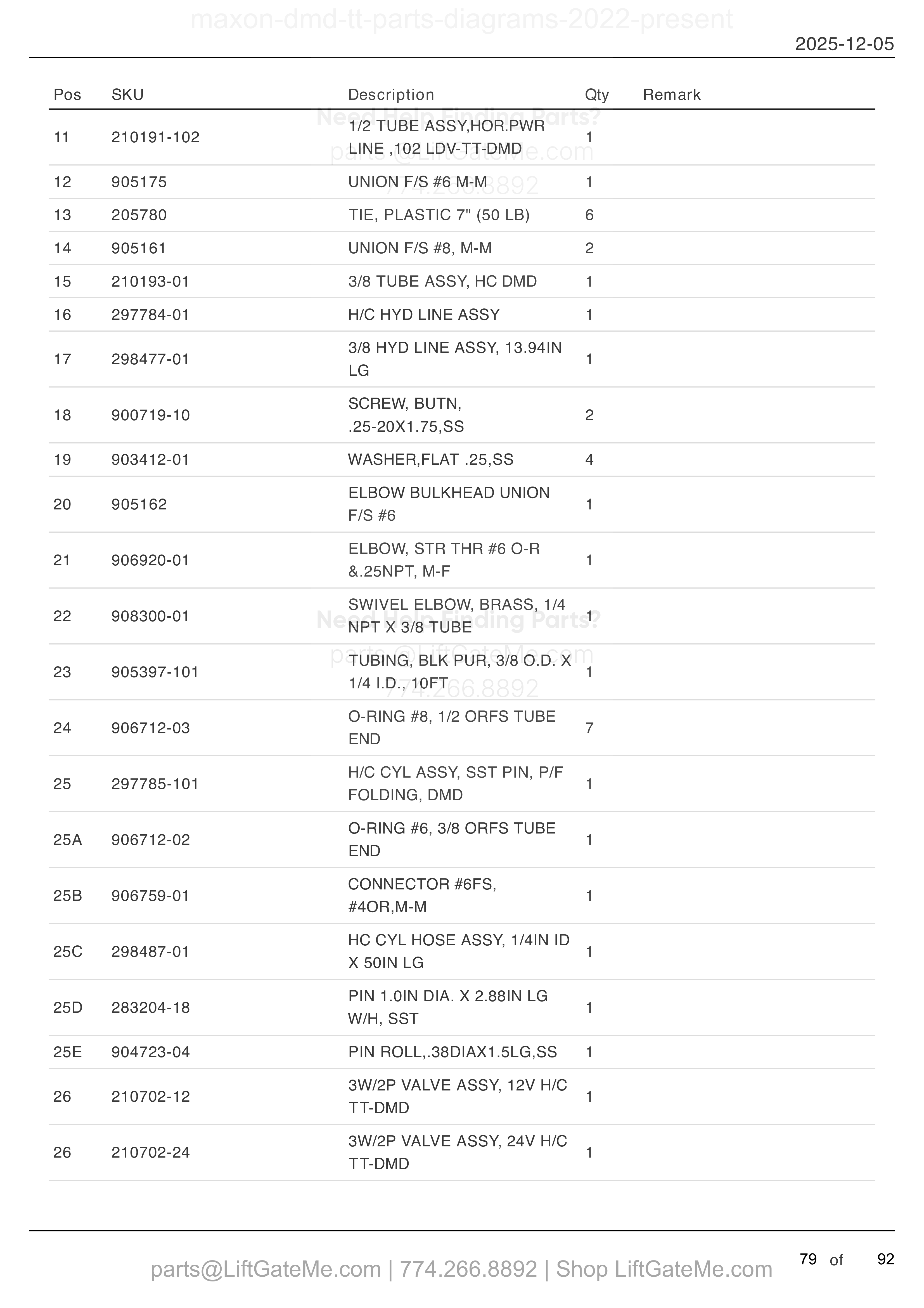 HYDRAULIC SYSTEMS (continued) parts table