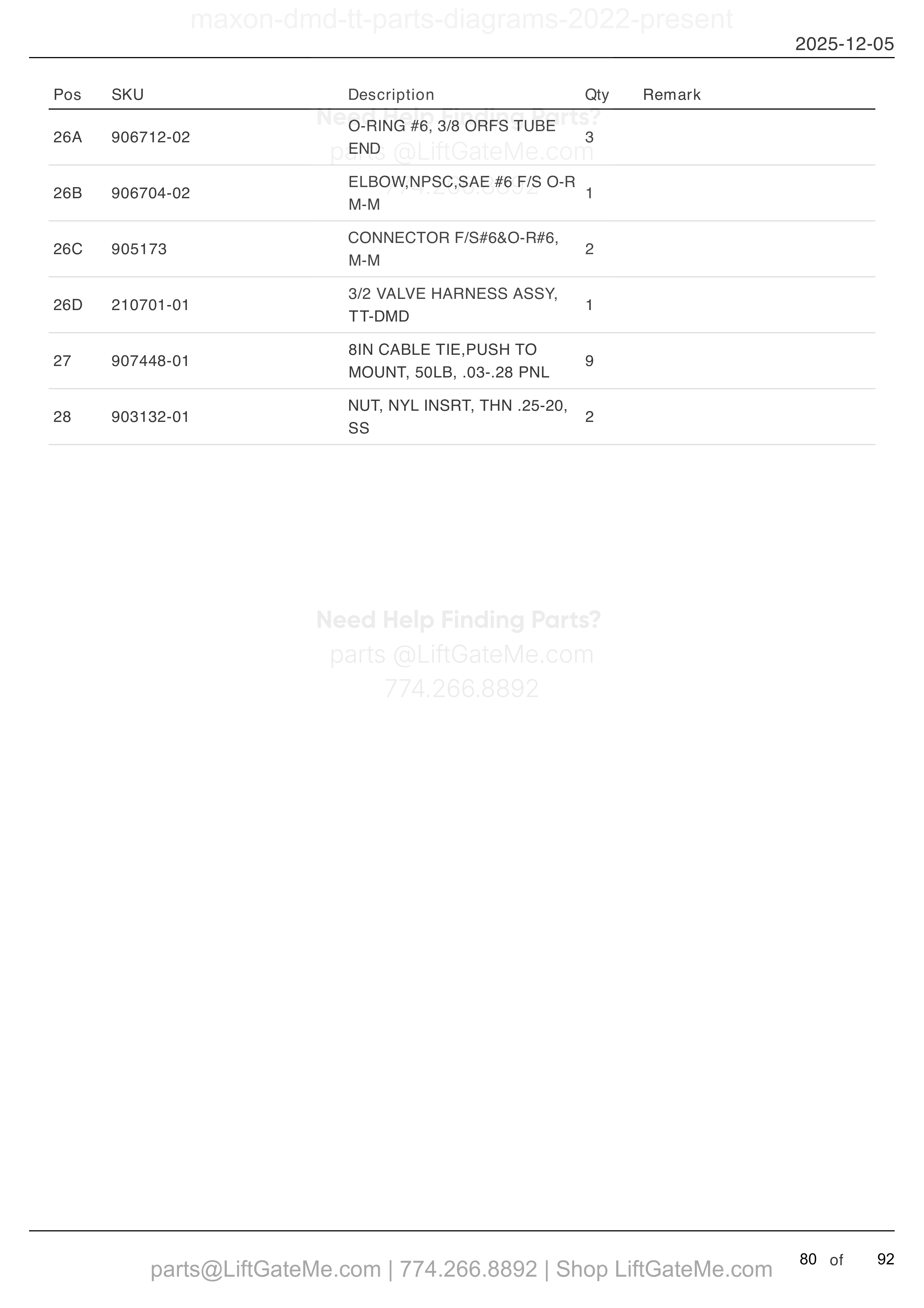 HYDRAULIC SYSTEMS (continued) parts table