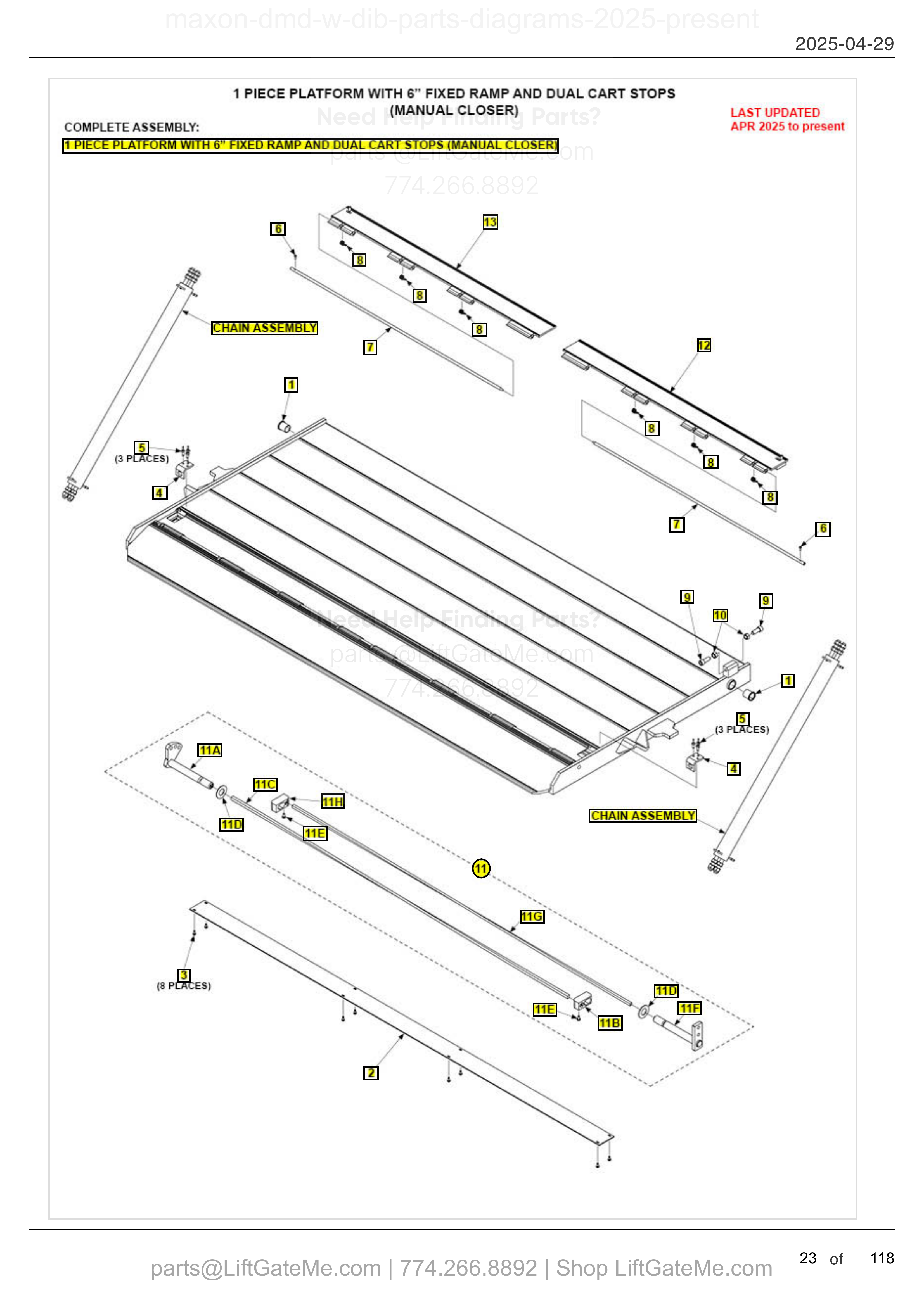 1 PIECE PLATFORM WITH 6" FIXED RAMP AND DUAL CART STOPS (MANUAL CLOSER) diagram