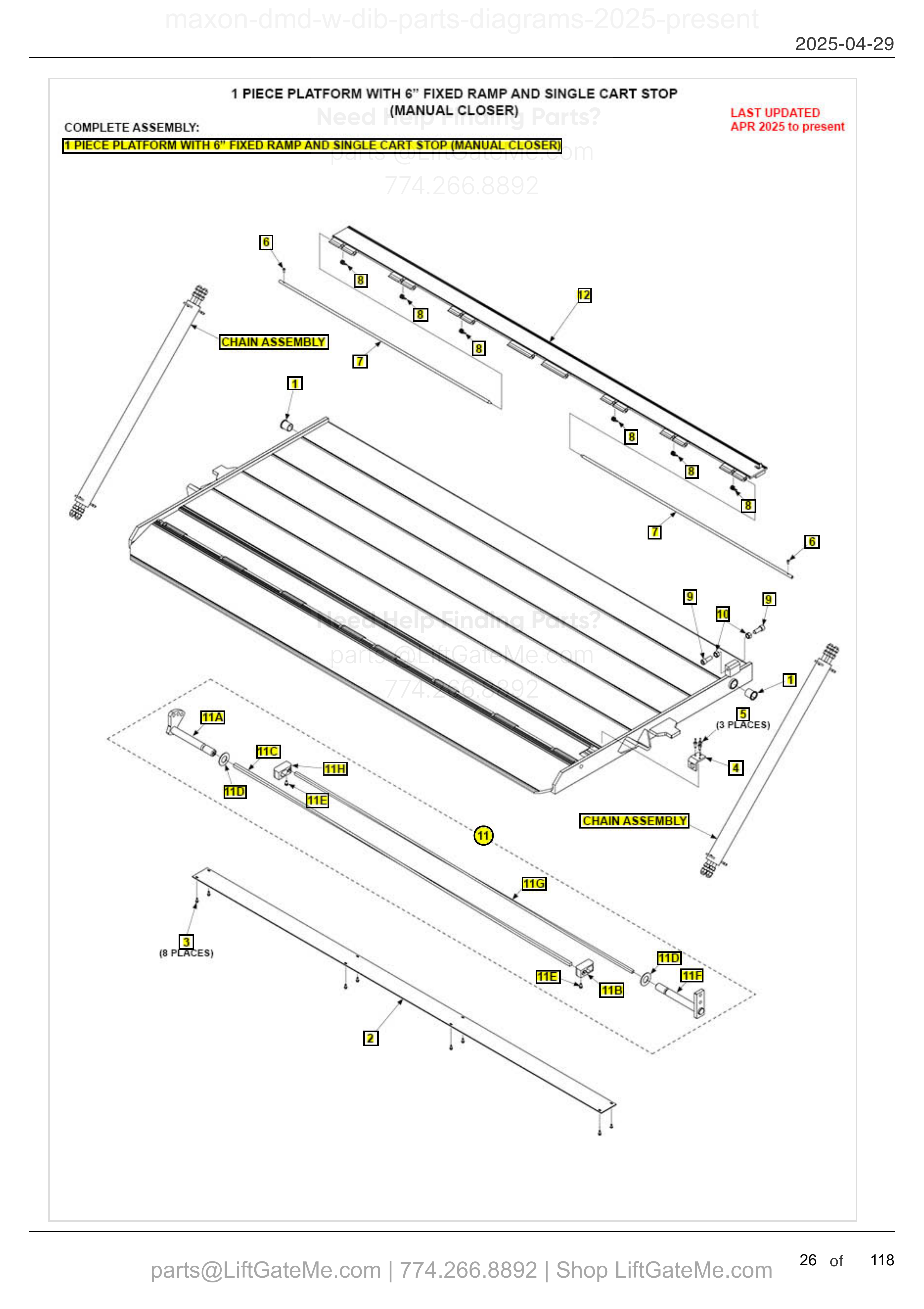 1 PIECE PLATFORM WITH 6” FIXED RAMP AND SINGLE CART STOP (MANUAL CLOSER) diagram