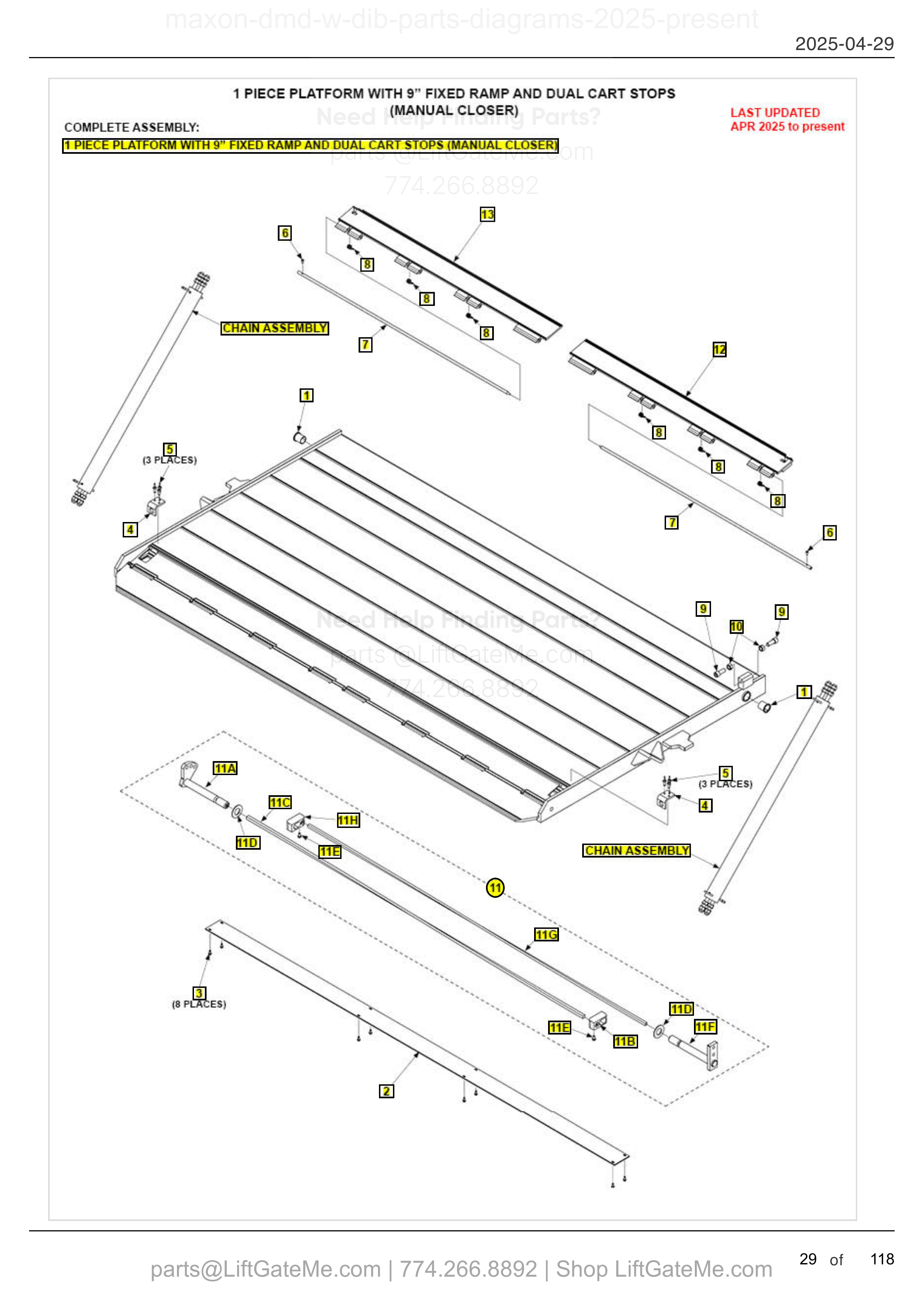 1 PIECE PLATFORM WITH 9" FIXED RAMP AND DUAL CART STOPS (MANUAL CLOSER) diagram