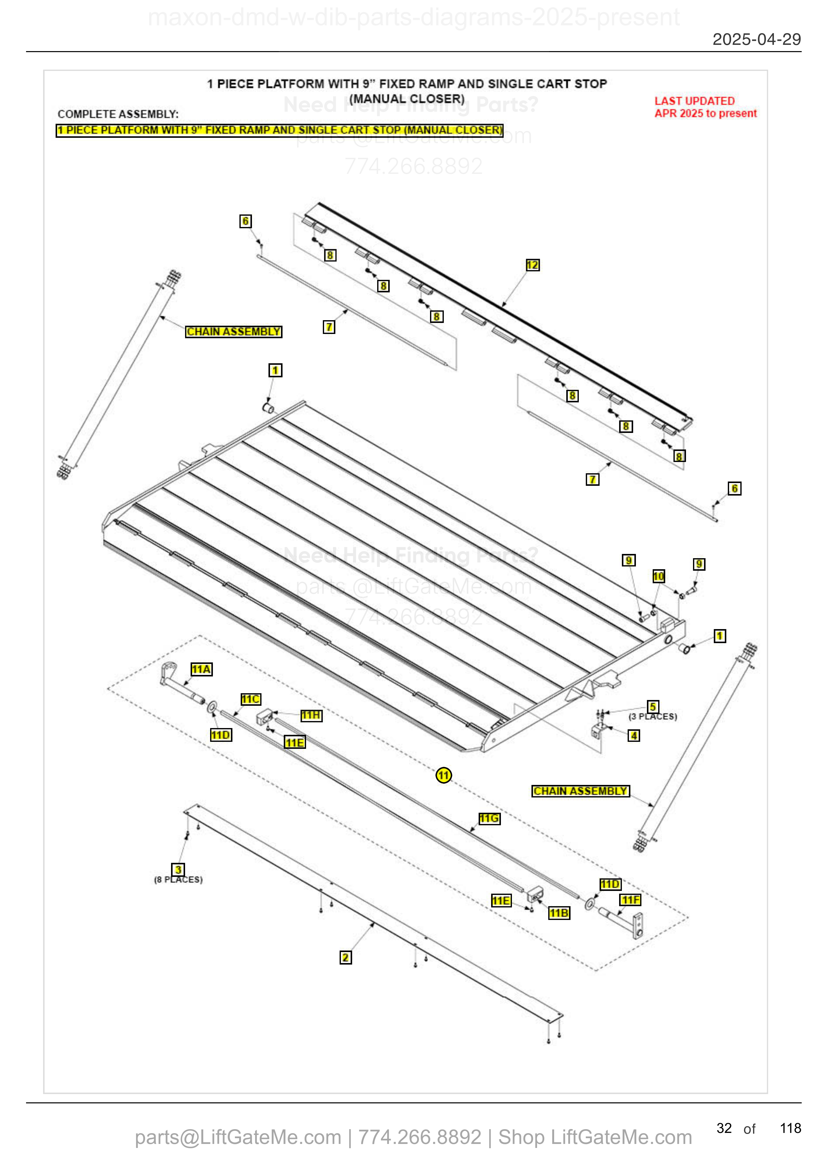 1 PIECE PLATFORM WITH 9” FIXED RAMP AND SINGLE CART STOP (MANUAL CLOSER) diagram