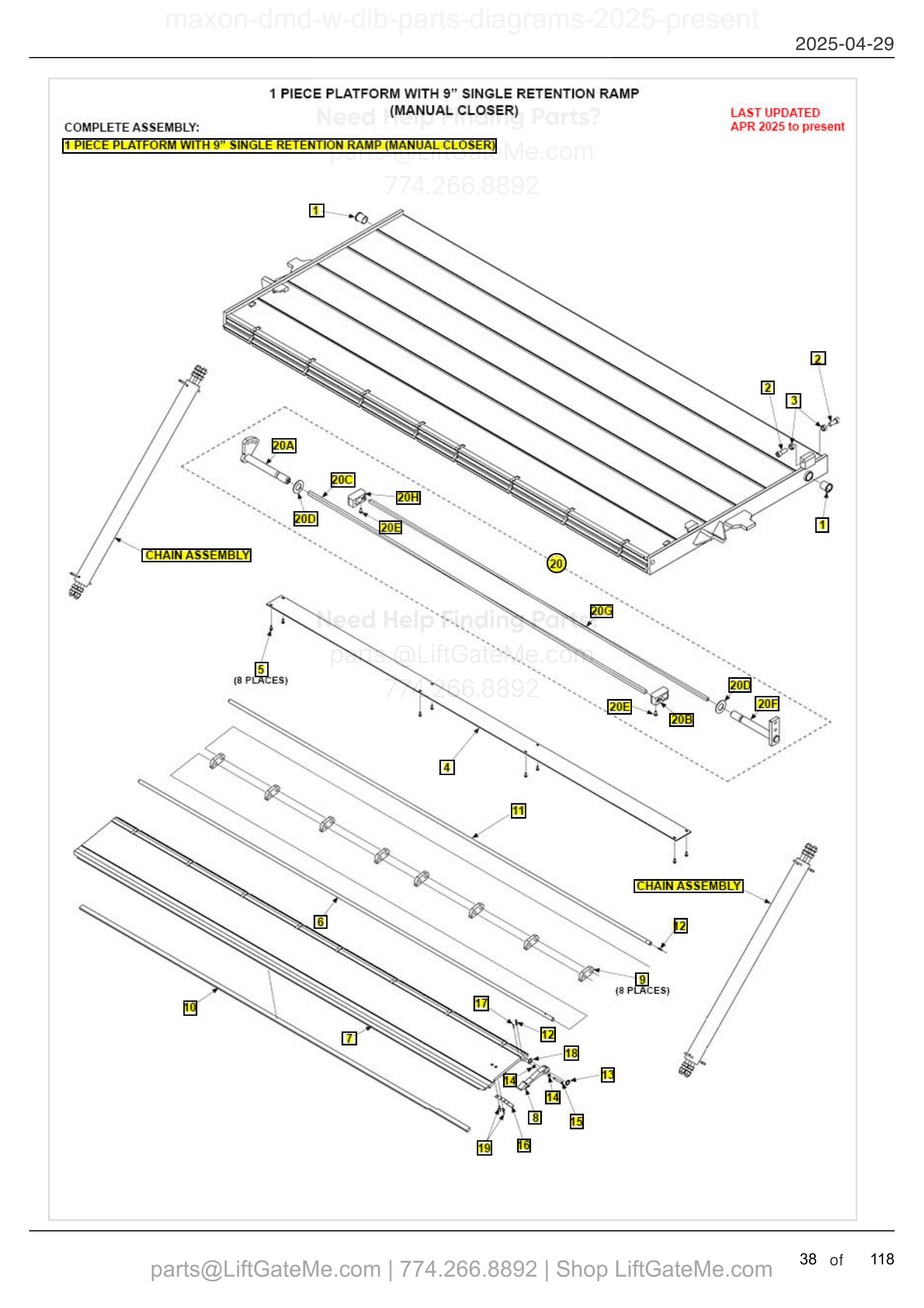 1 PIECE PLATFORM WITH 9” SINGLE RETENTION RAMP (MANUAL CLOSER) diagram