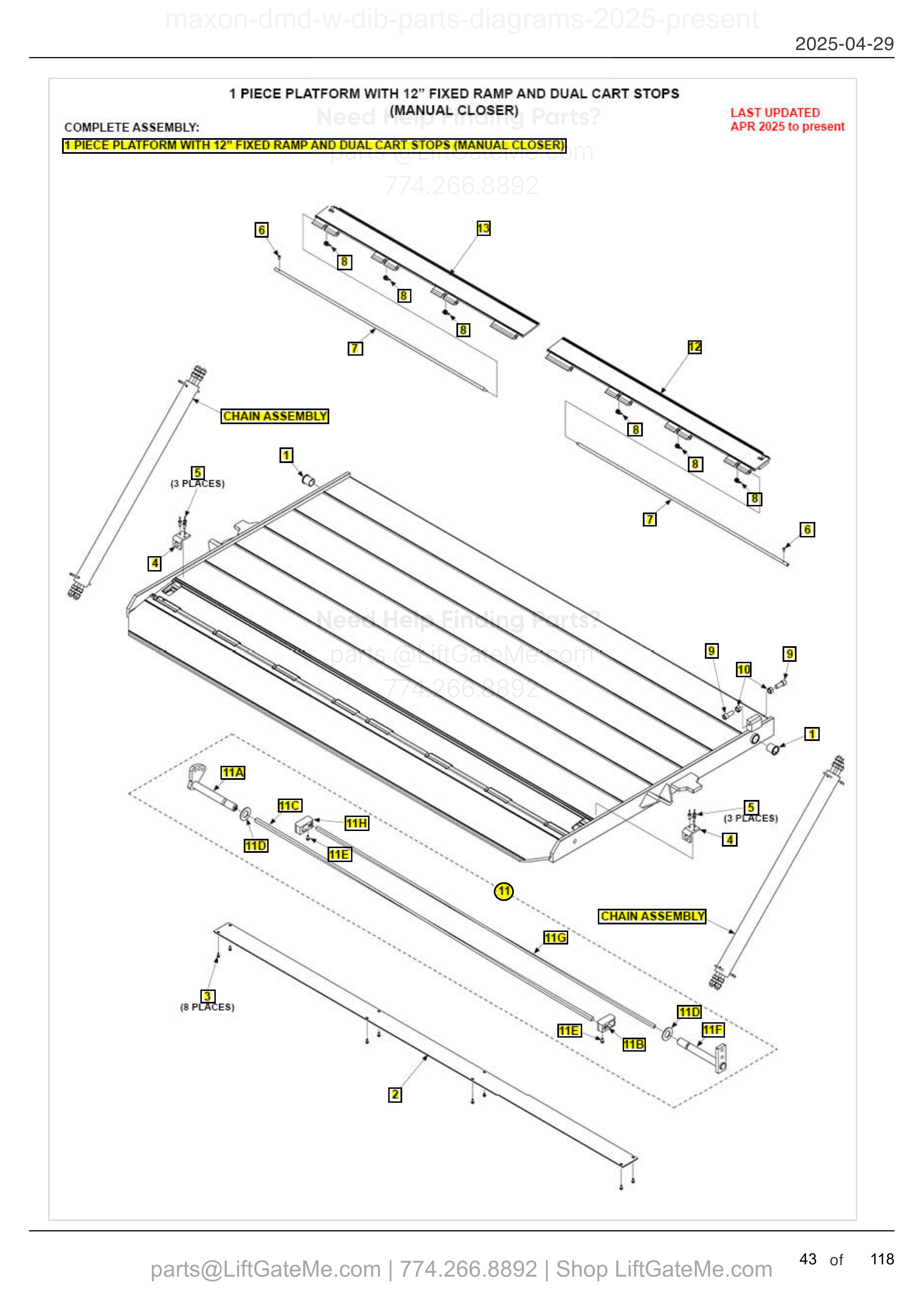 1 PIECE PLATFORM WITH 12" FIXED RAMP AND DUAL CART STOPS (MANUAL CLOSER) diagram