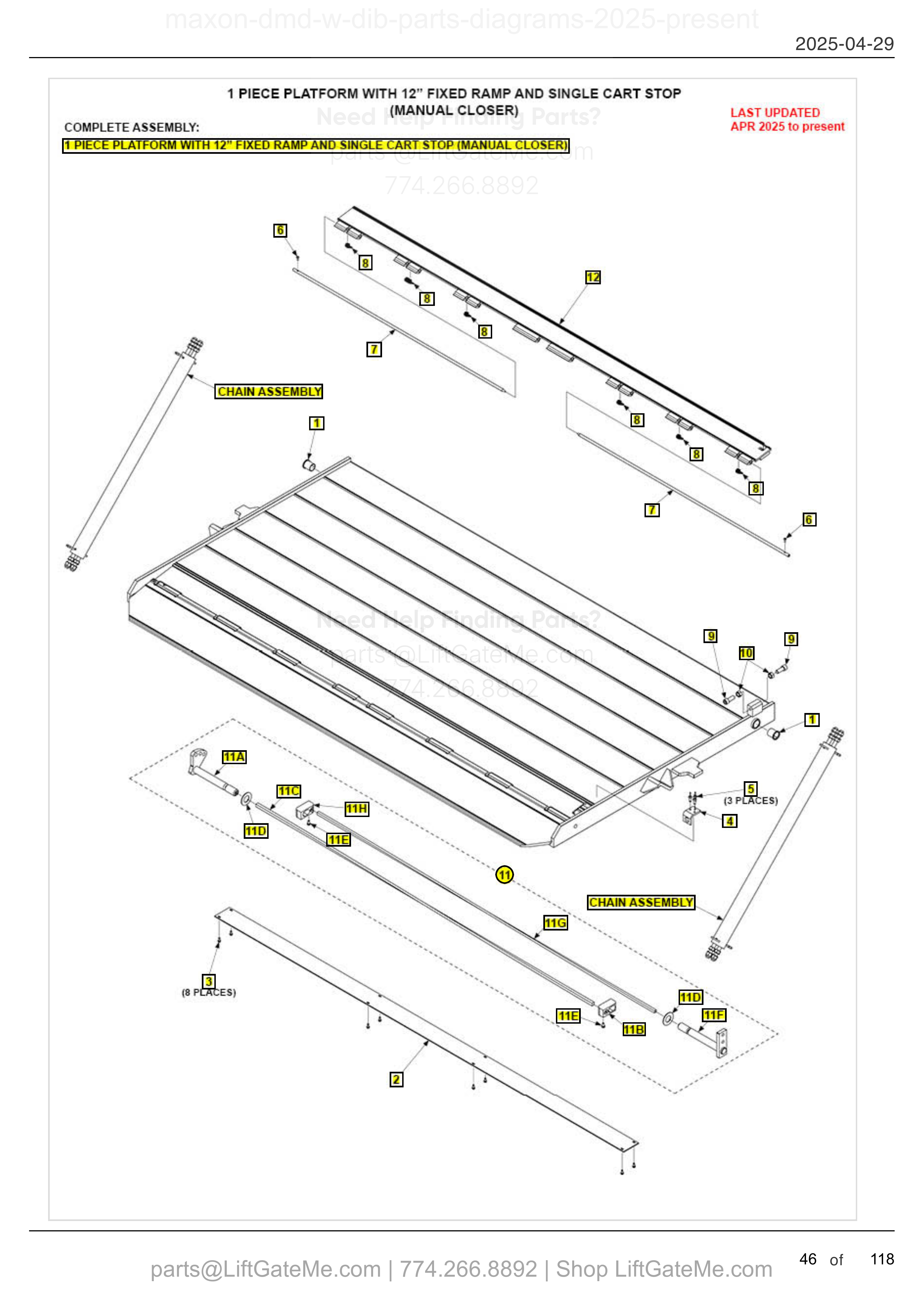 1 PIECE PLATFORM WITH 12" FIXED RAMP AND SINGLE CART STOP (MANUAL CLOSER) diagram