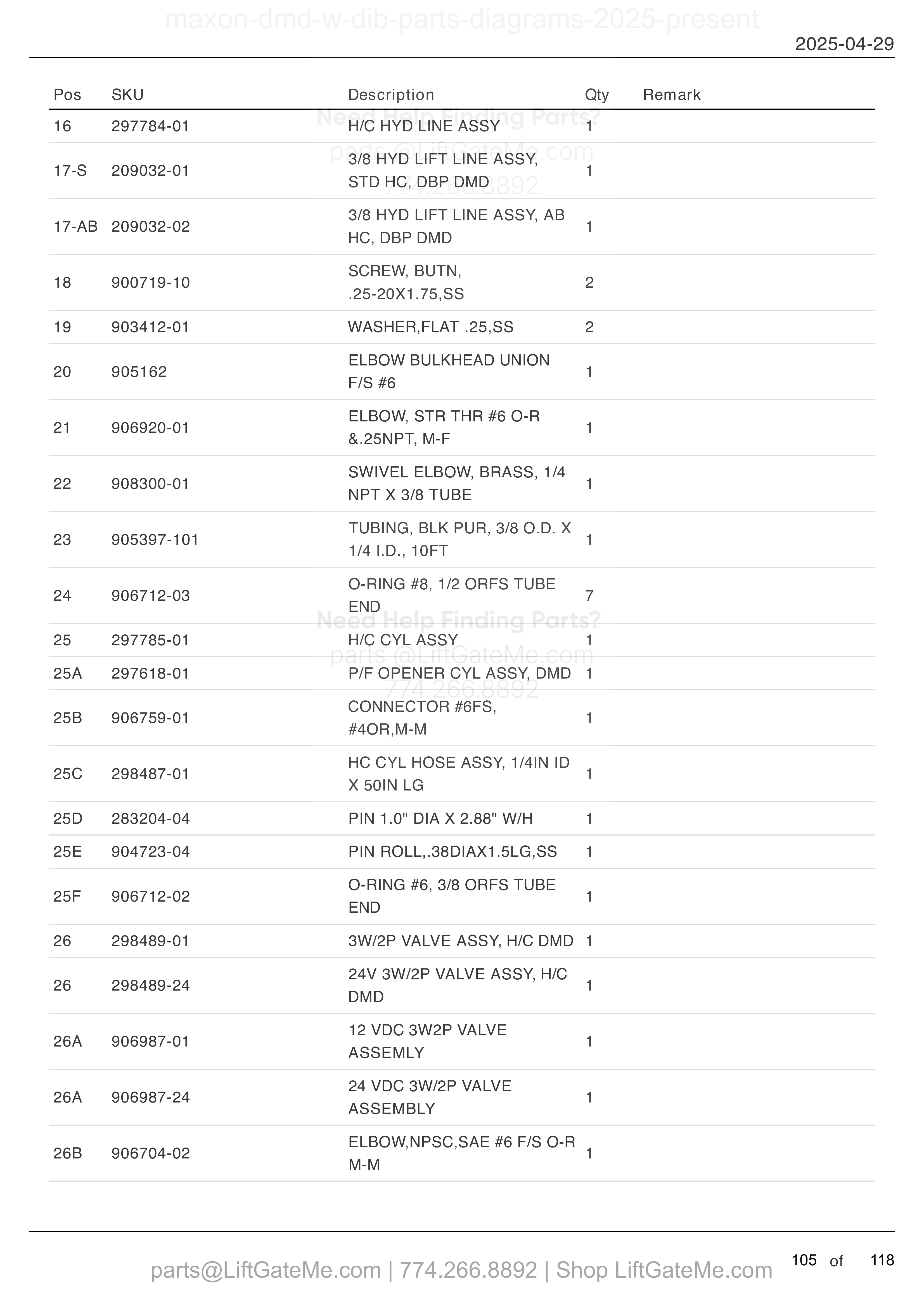 HYDRAULIC SYSTEMS (HYDRAULIC CLOSER) (continued) parts table