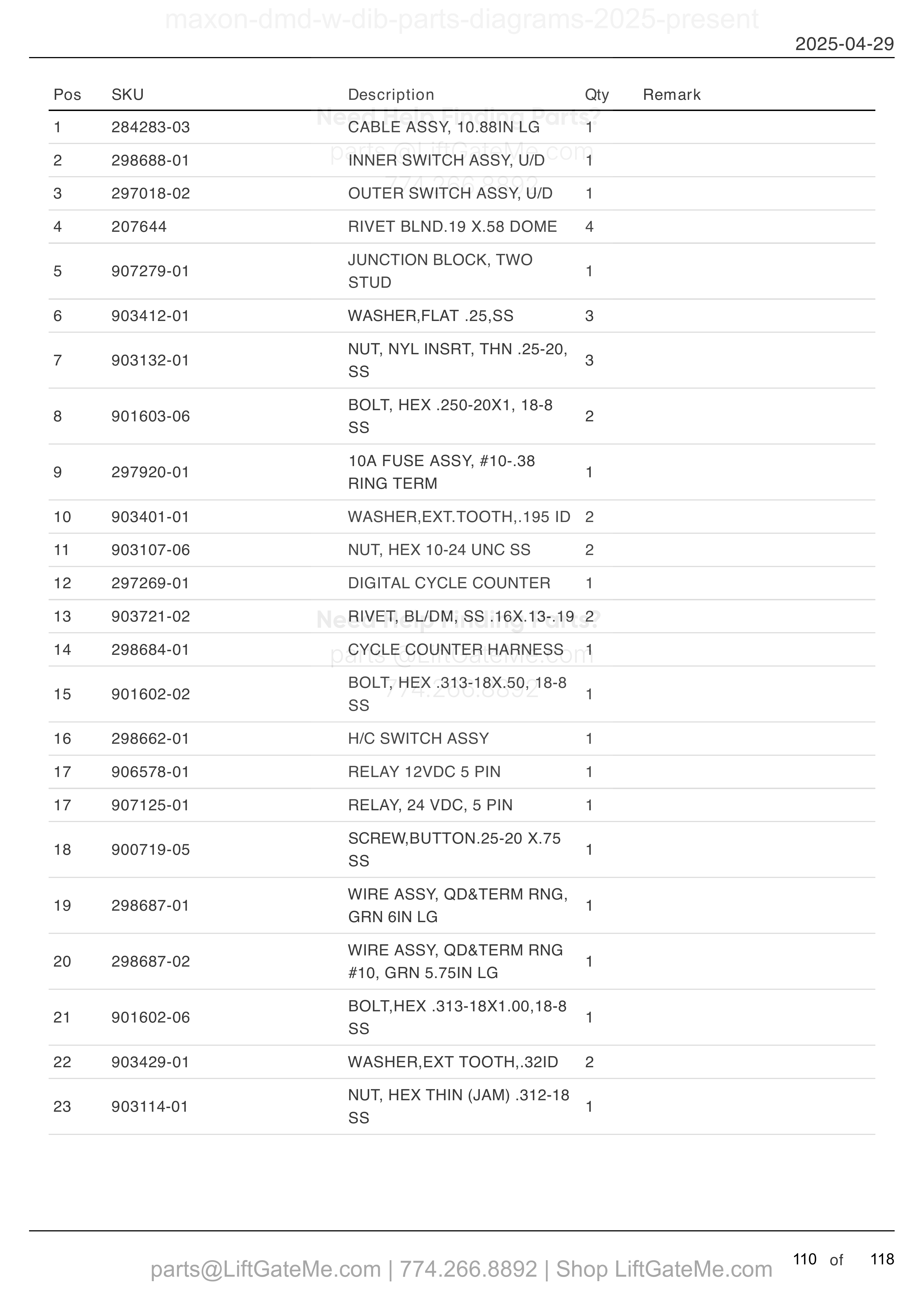 ELECTRICAL SYSTEMS (HYDRAULIC CLOSER) parts table