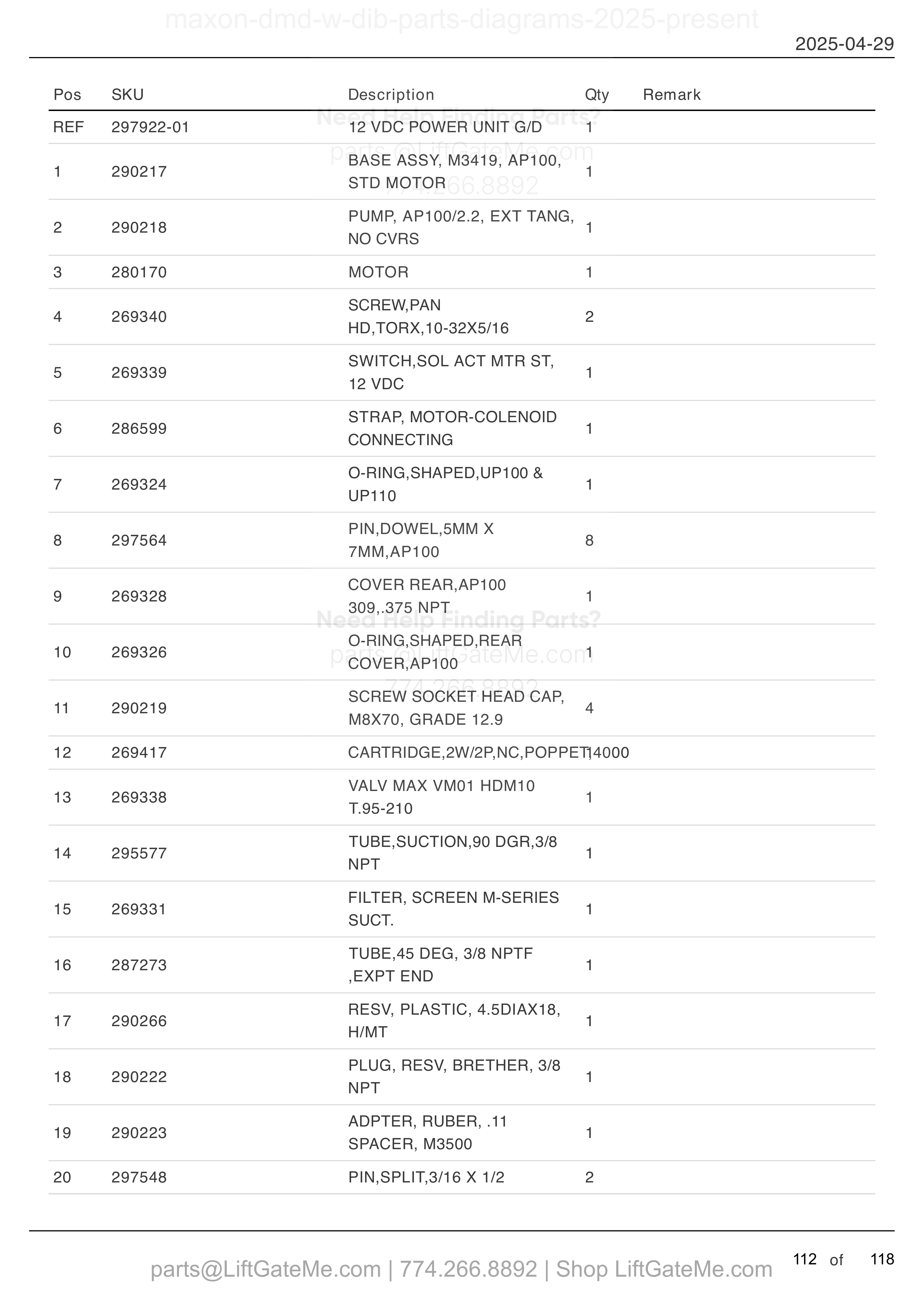 12 VDC POWER UNIT parts table