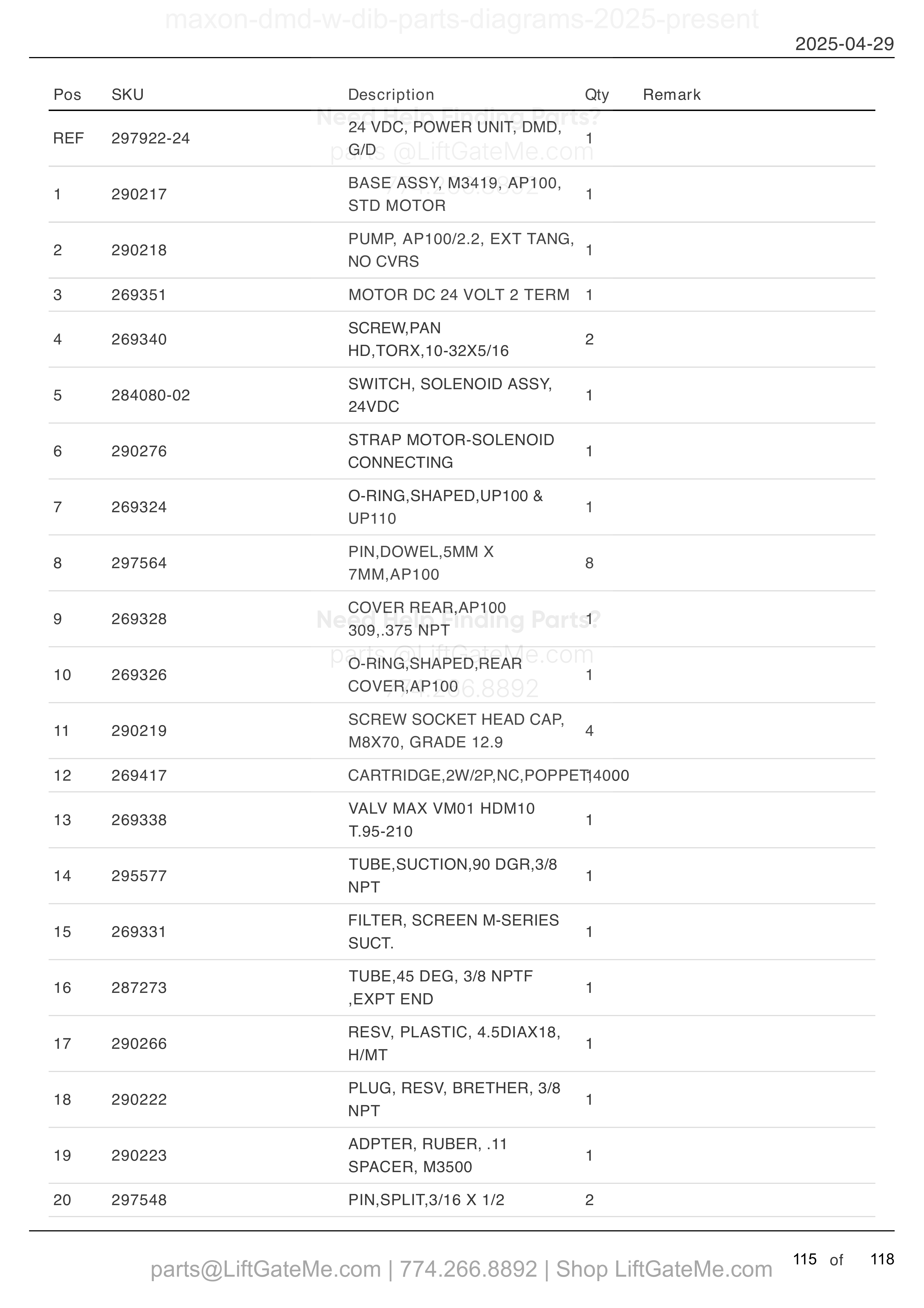24 VDC POWER UNIT parts table