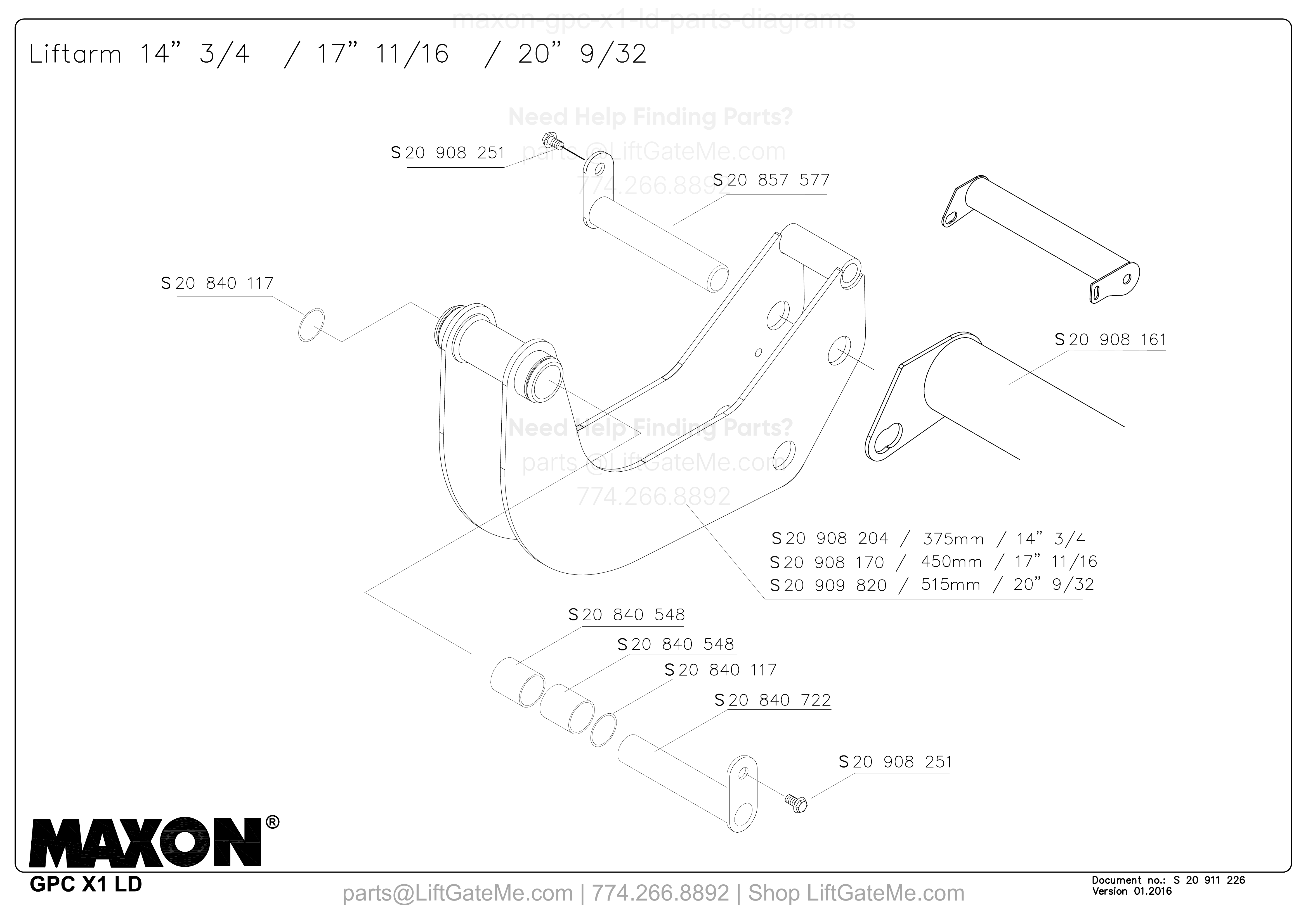 Liftarm 14” 3/4 / 17” 11/16 / 20” 9/32 diagram