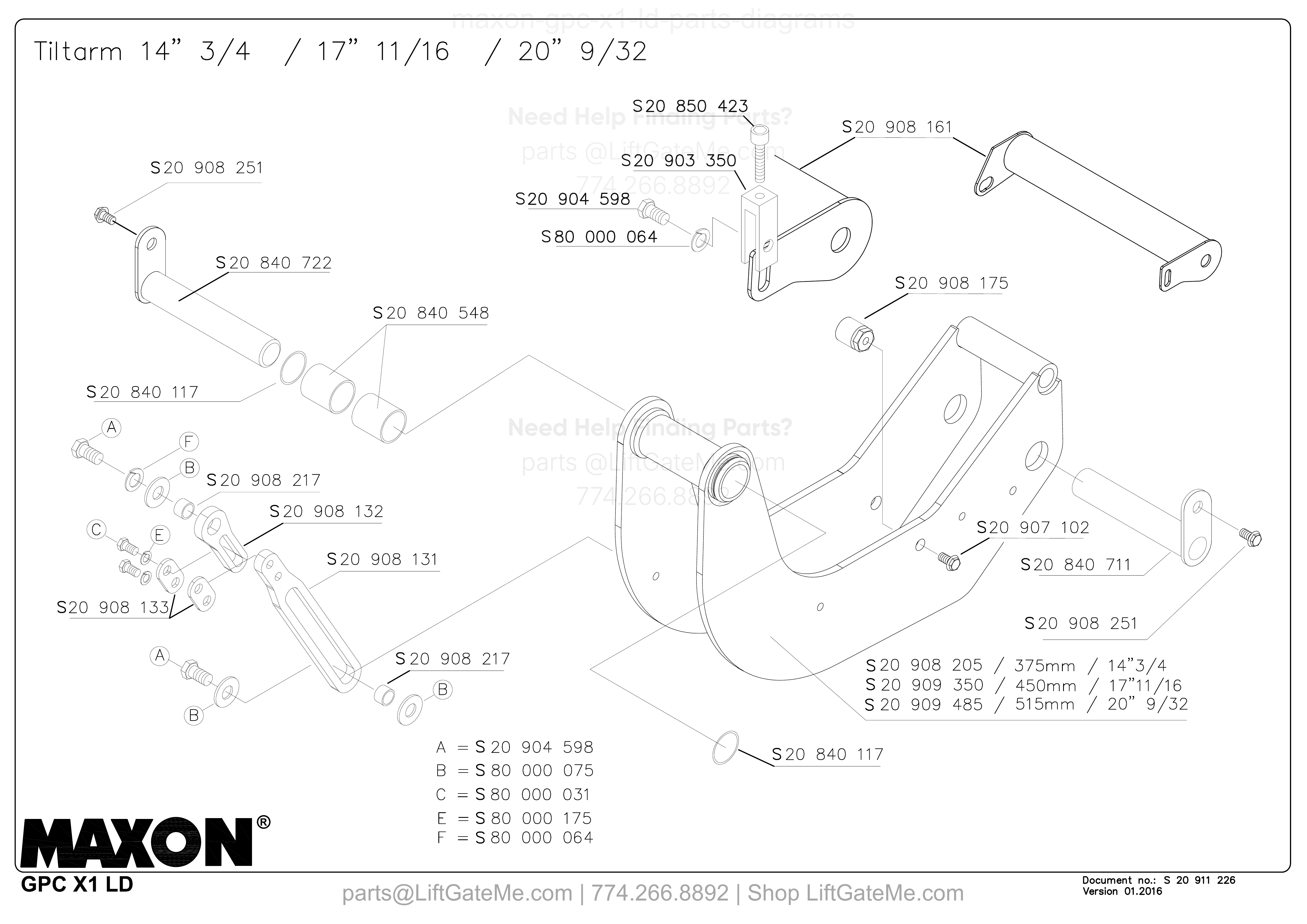 Tiltarm 14” 3/4 / 17” 11/16 / 20” 9/32 diagram