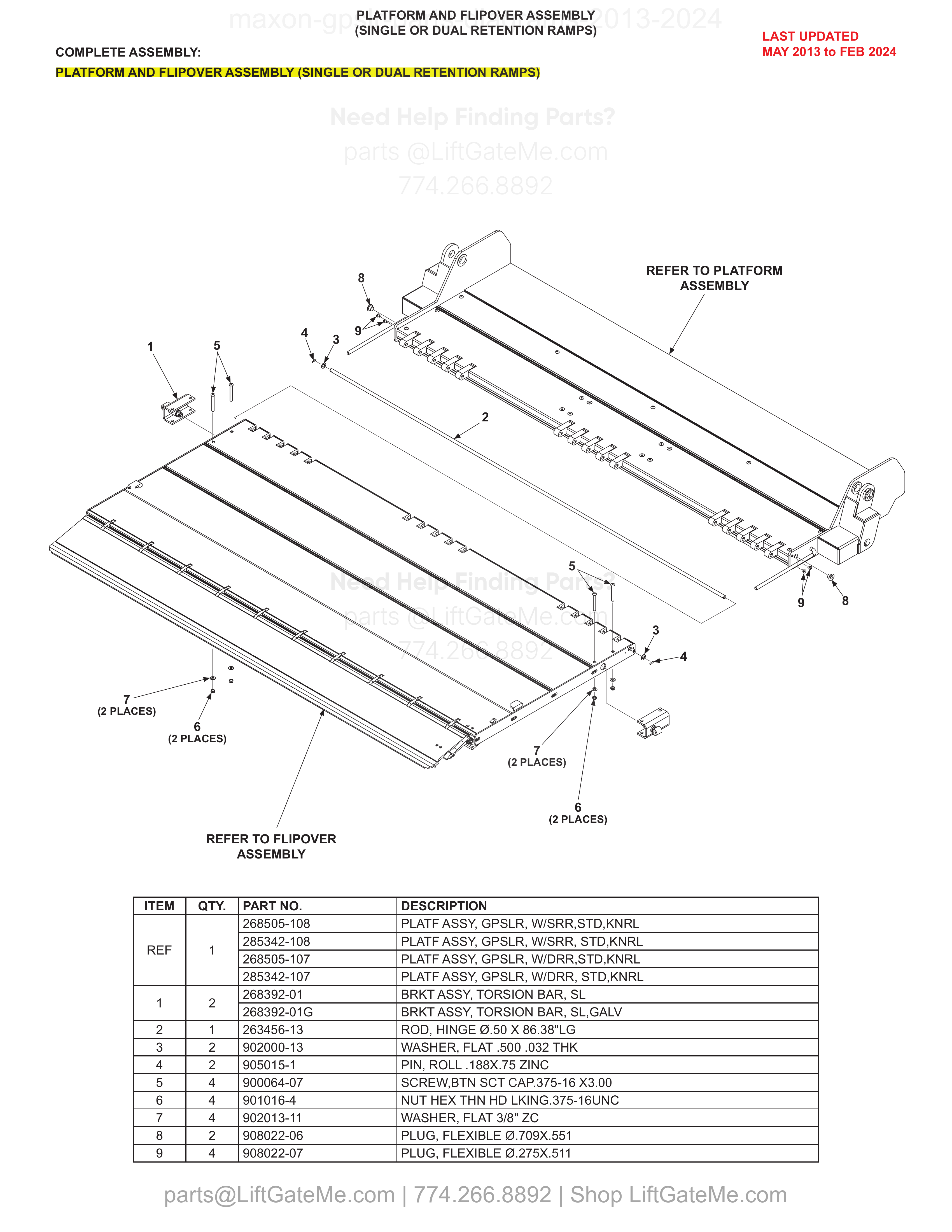 PLATFORM AND FLIPOVER ASSEMBLY (SINGLE OR DUAL RETENTION RAMPS) diagram