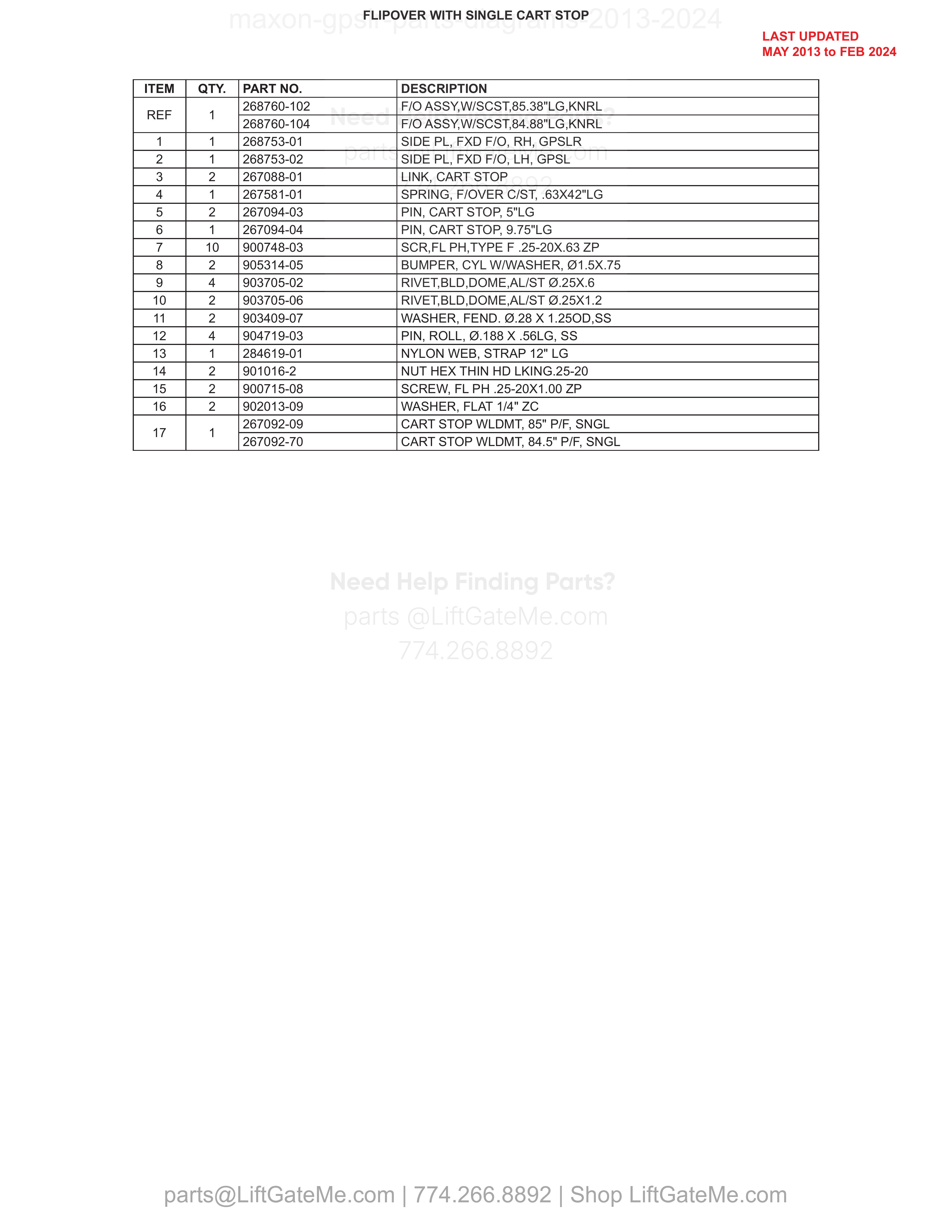 Flipover with Single Cart Stop parts table
