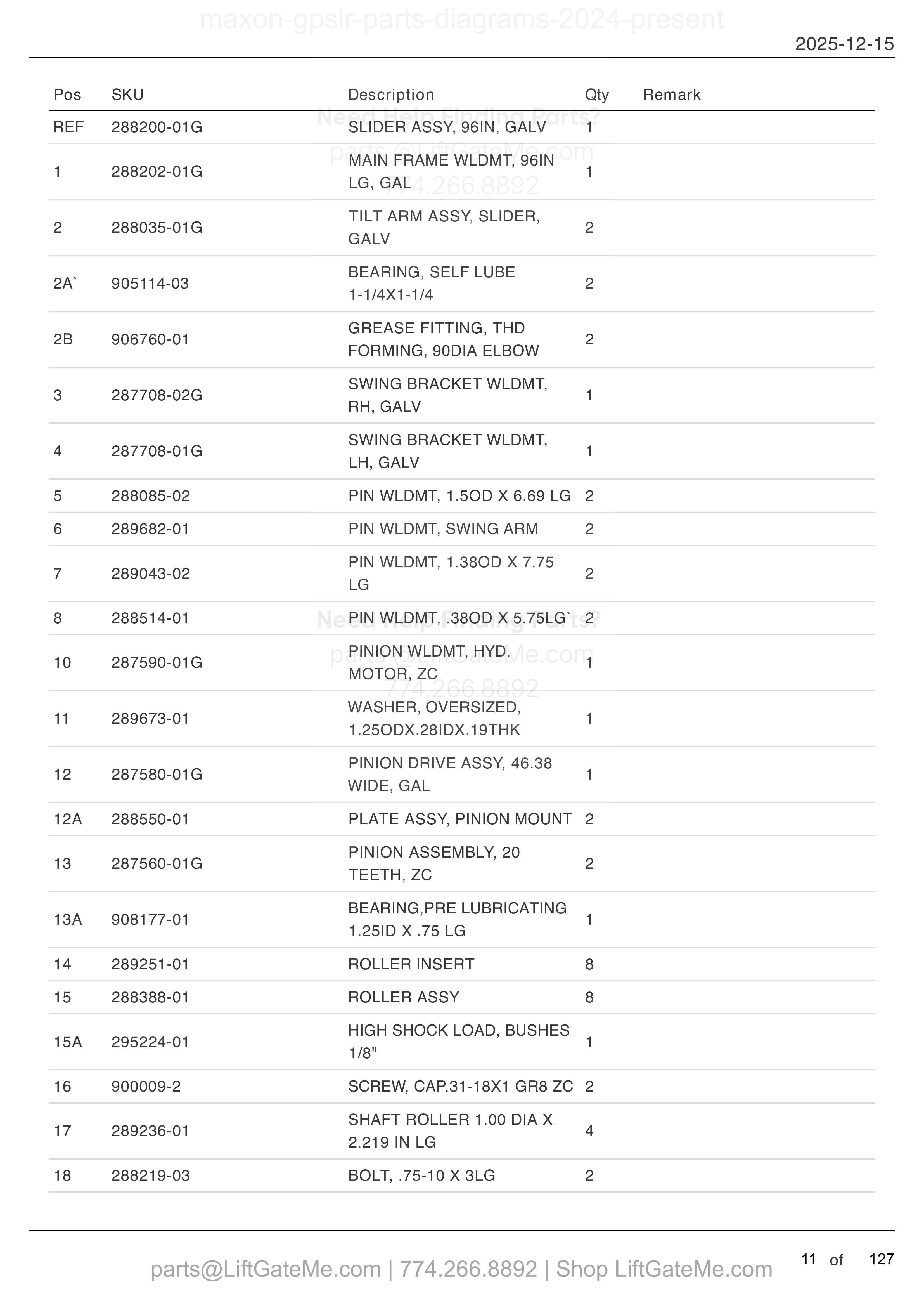 SLIDER ASSEMBLY — MAR 2024 to present parts table