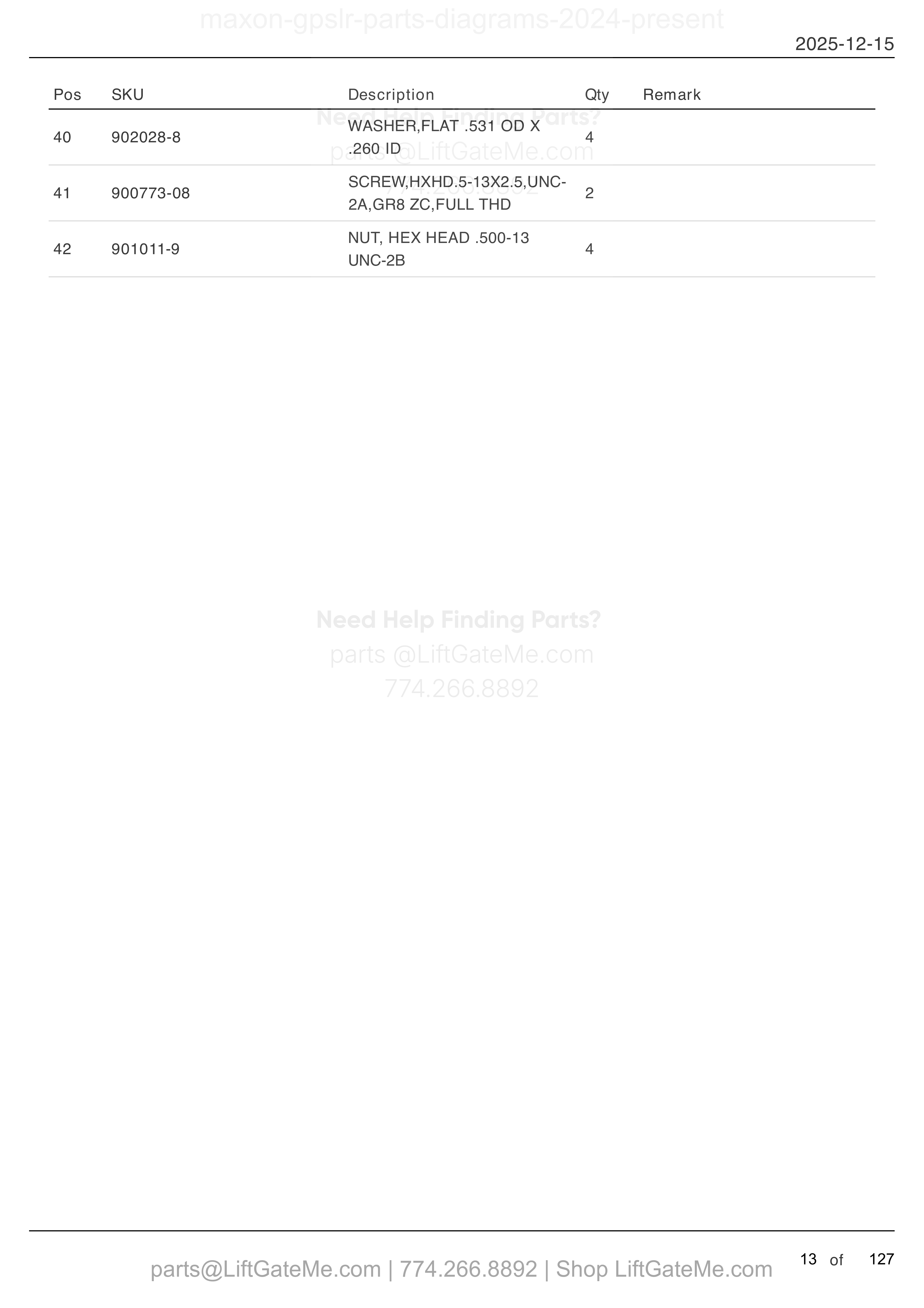 SLIDER ASSEMBLY — MAR 2024 to present (continued) parts table