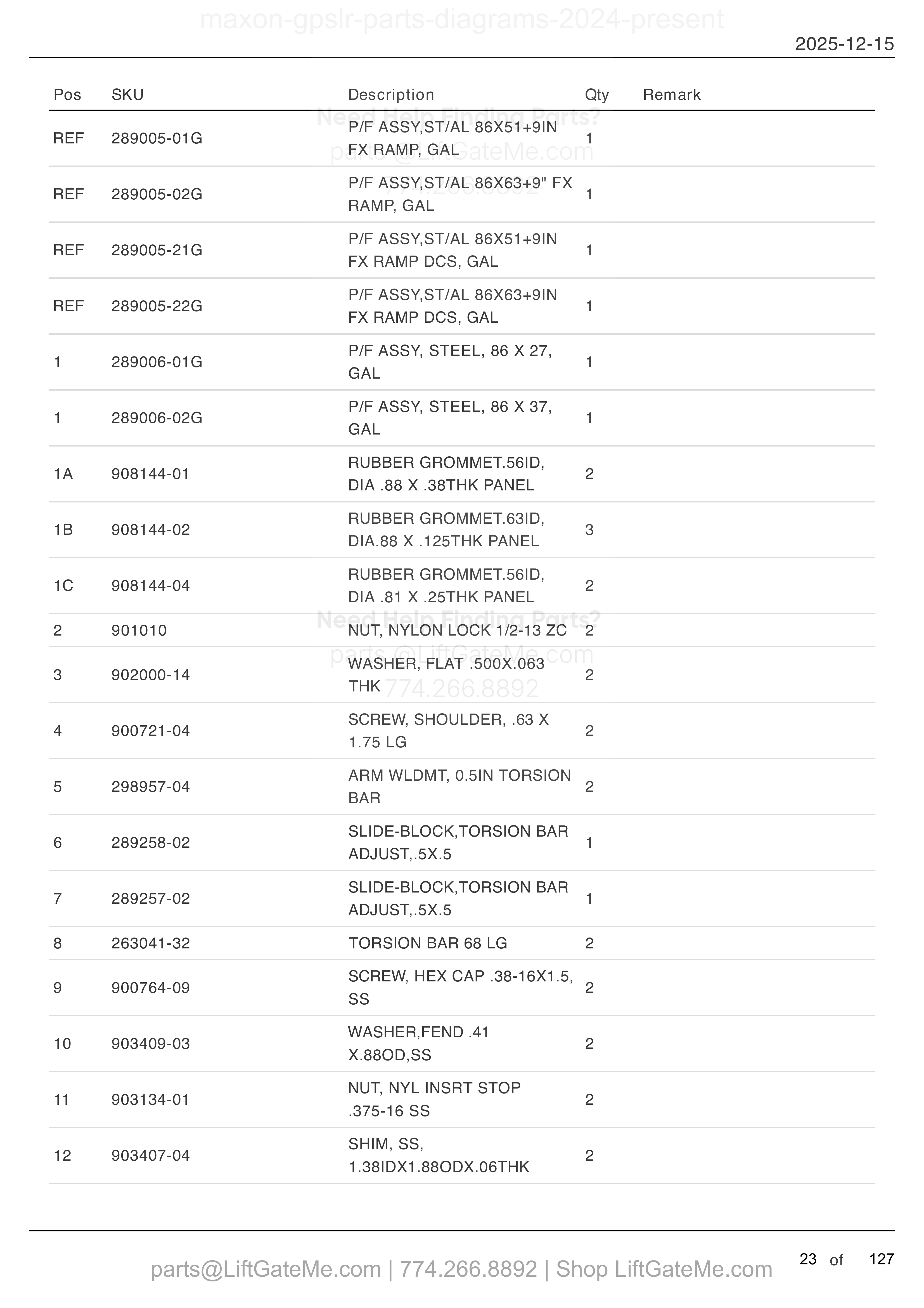 Platform and Flipover Assembly With Fixed Ramp — Mar 2024 to Sept 2025 parts table