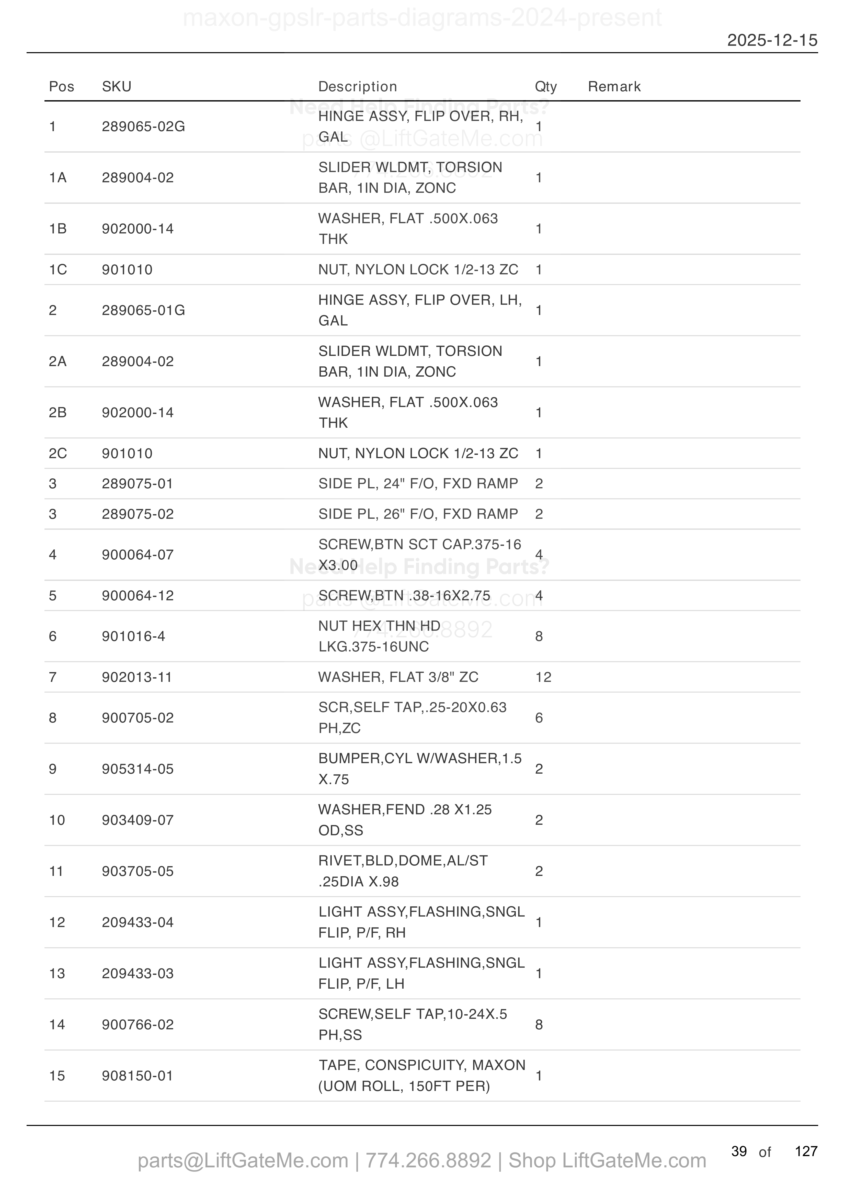 FLIPOVER ASSEMBLY WITH FIXED RAMP — MAR 2024 to SEPT 2025 parts table